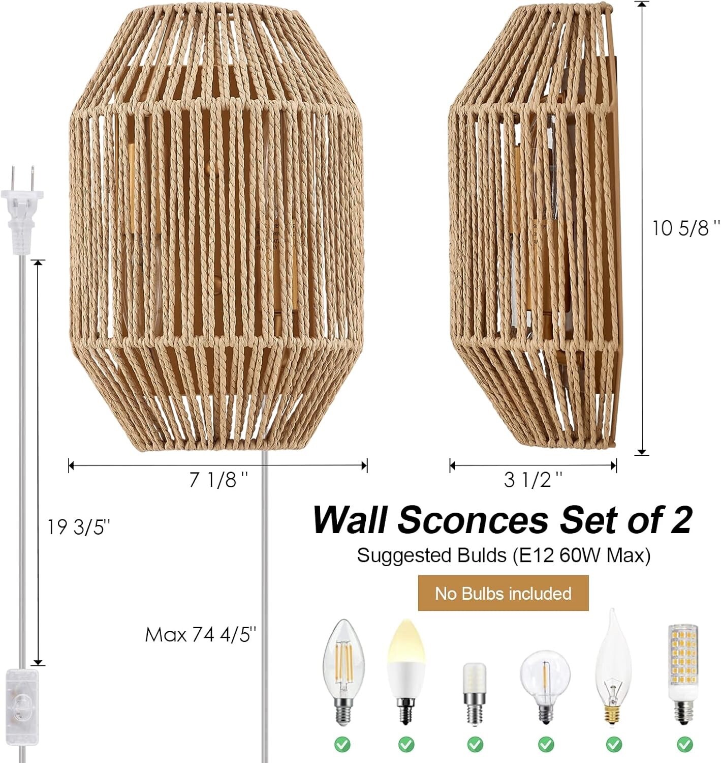 Natural Rattan Wall Sconce Set of 2, with Boho Woven Wicker Shade Antique Bra…