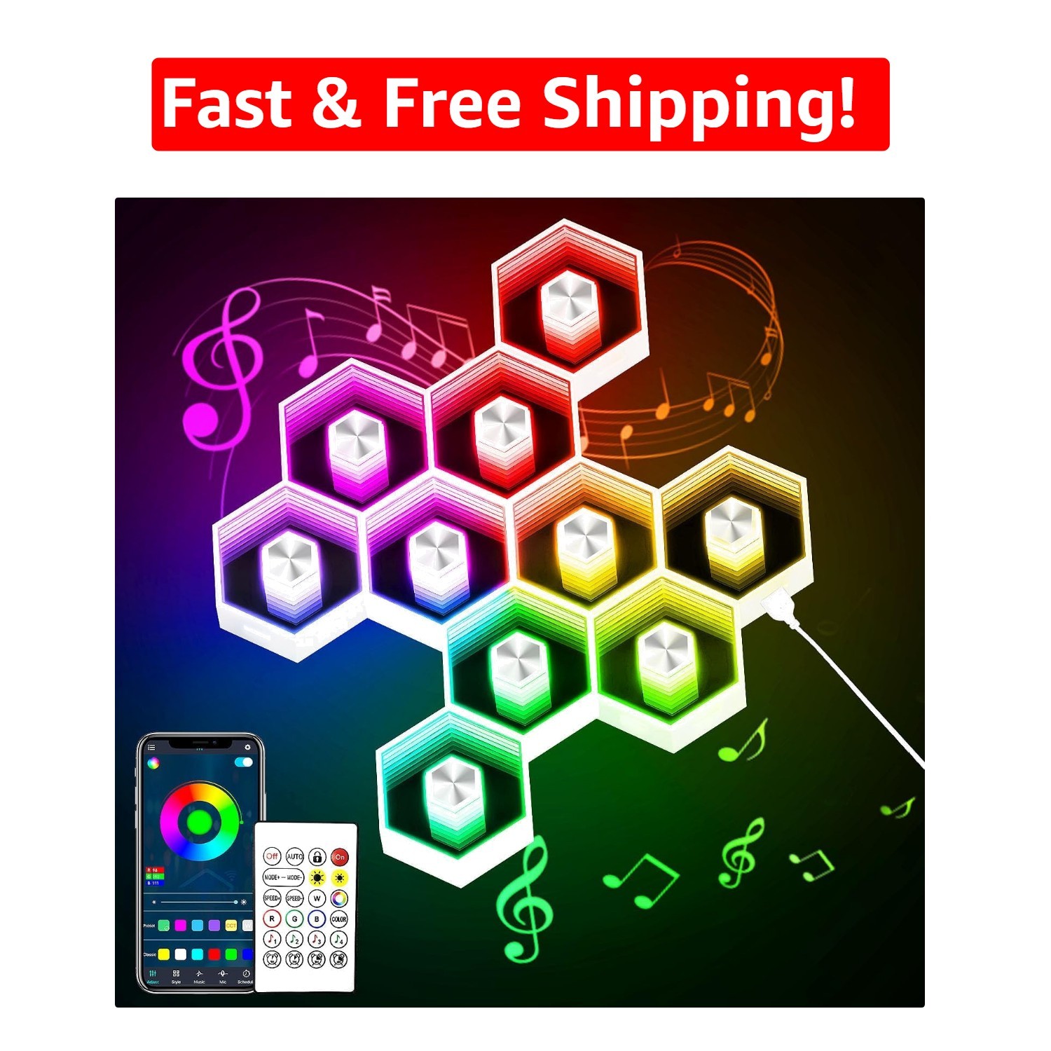 Color-Changing 10PCS Hexagonal Wall Lights – Smart APP & Music Sync for Rooms