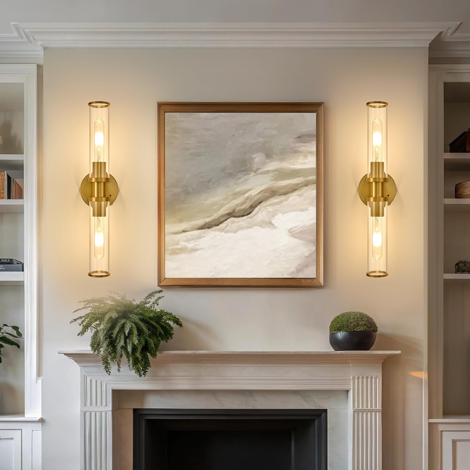 8000mAh Wireless Wall Sconces with 2 Pack, Gold(Clear Tubular Lampshade)