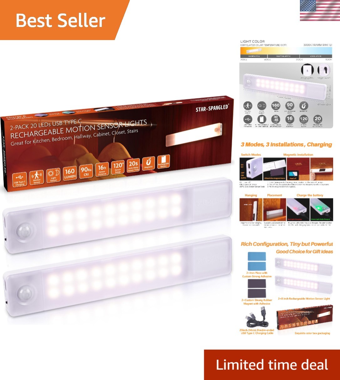 Elegant 8-Inch Rechargeable Motion Sensor Lights – USB Magnetic Stick-On, 2 Pack