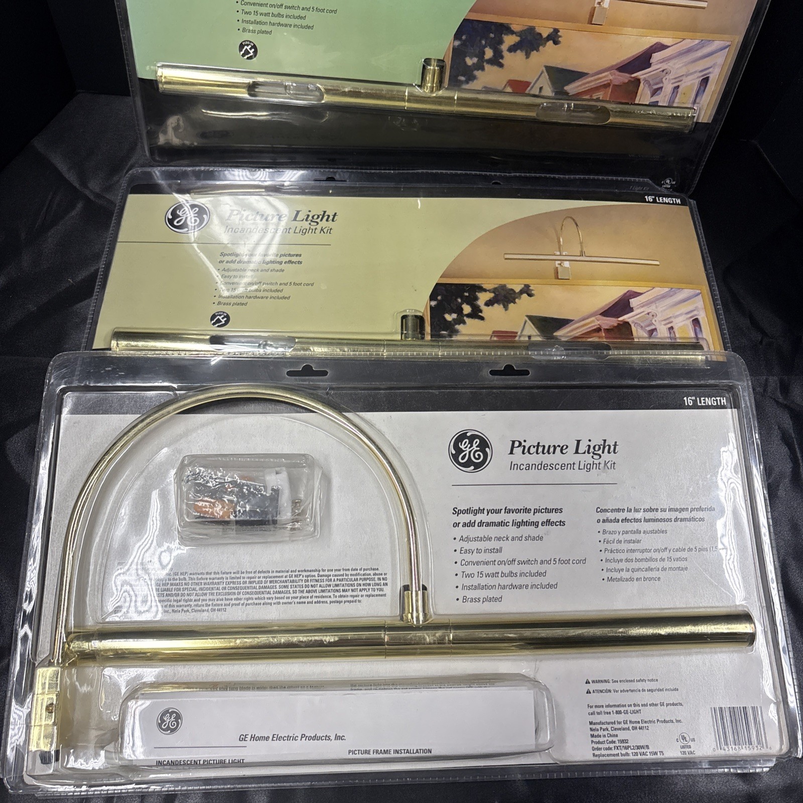 GE 16in Brass Picture Light T5 15W 120V Corded Adjustable Wall lot of 3