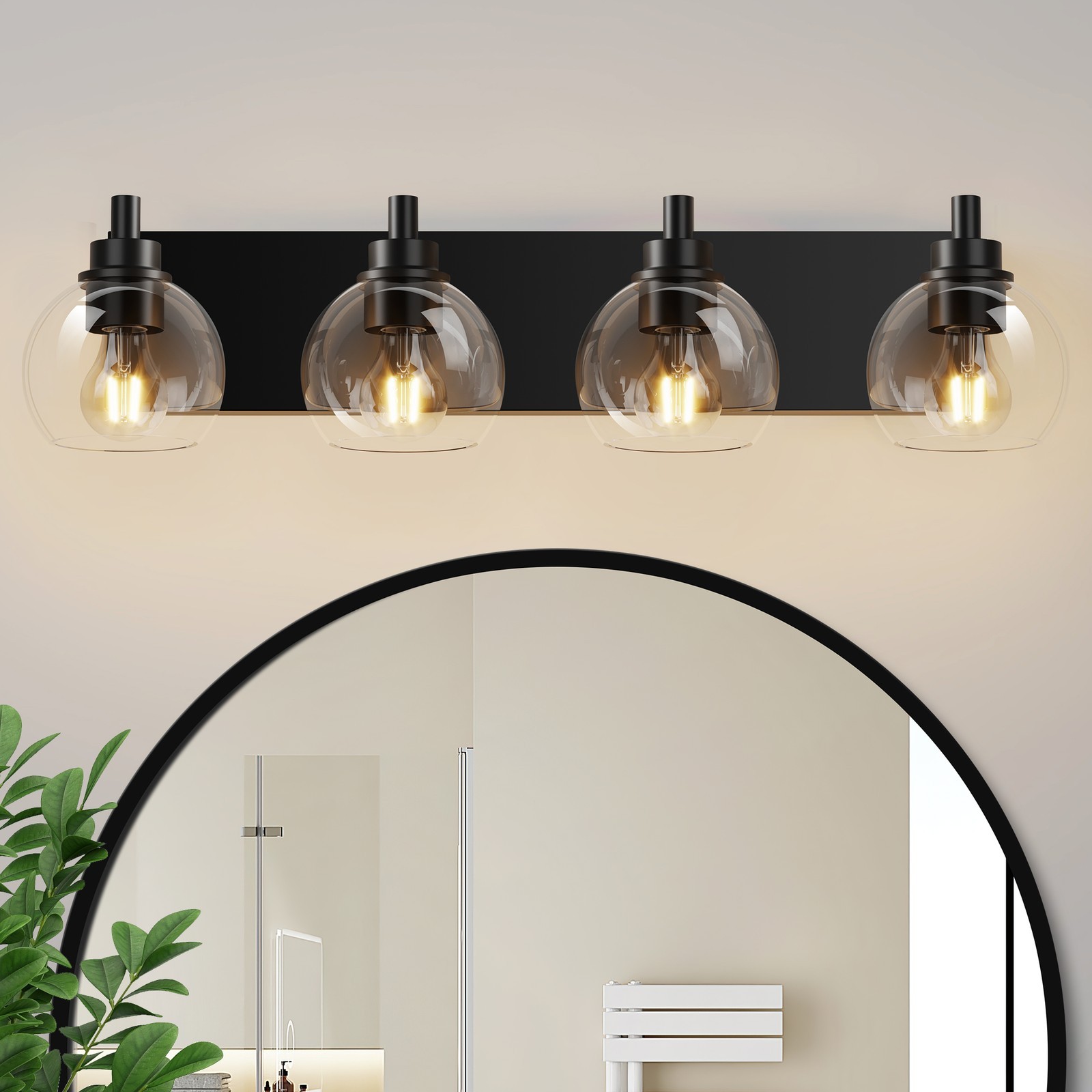 26 in. 4-Light Black Bathroom Vanity Light with Clear Glass Shades, E26 Sockets