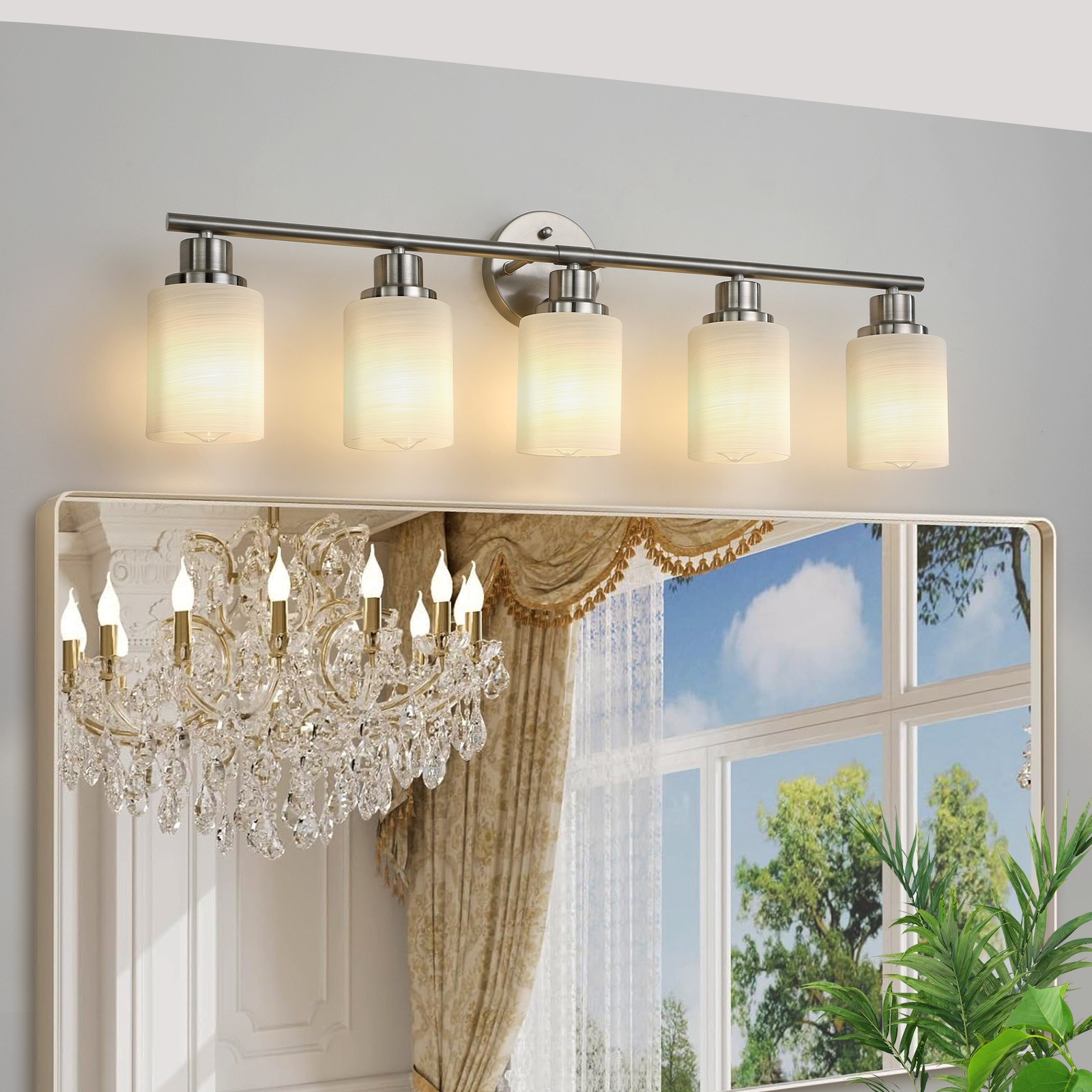 5 Lights Silver Vanity Light Wall Sconce LED Milky White Shade Bathroom Fixtures