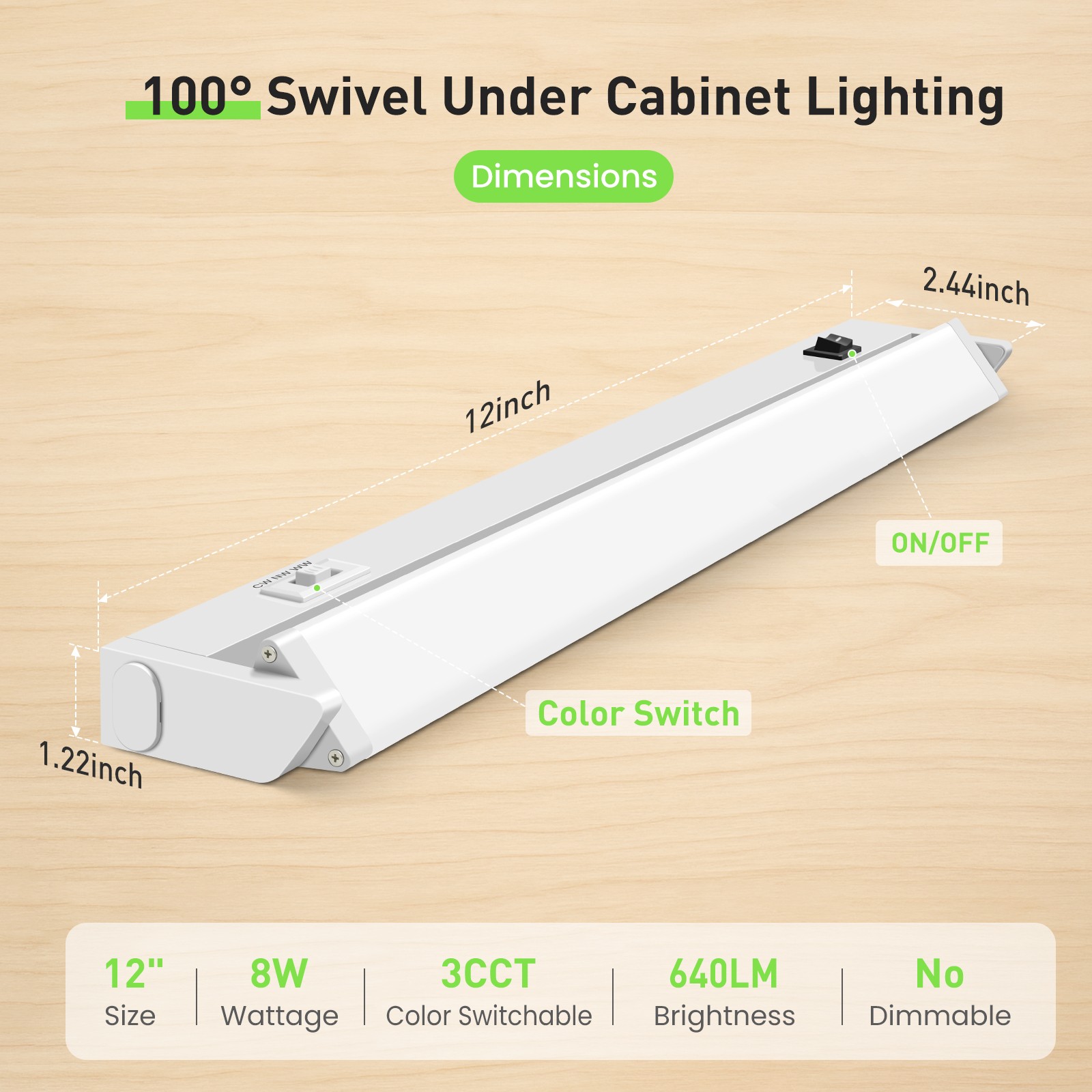 2-Pack LED Under Cabinet Lights Swivel 12/18/22/24 Inch CCT Kitchen Closet Light