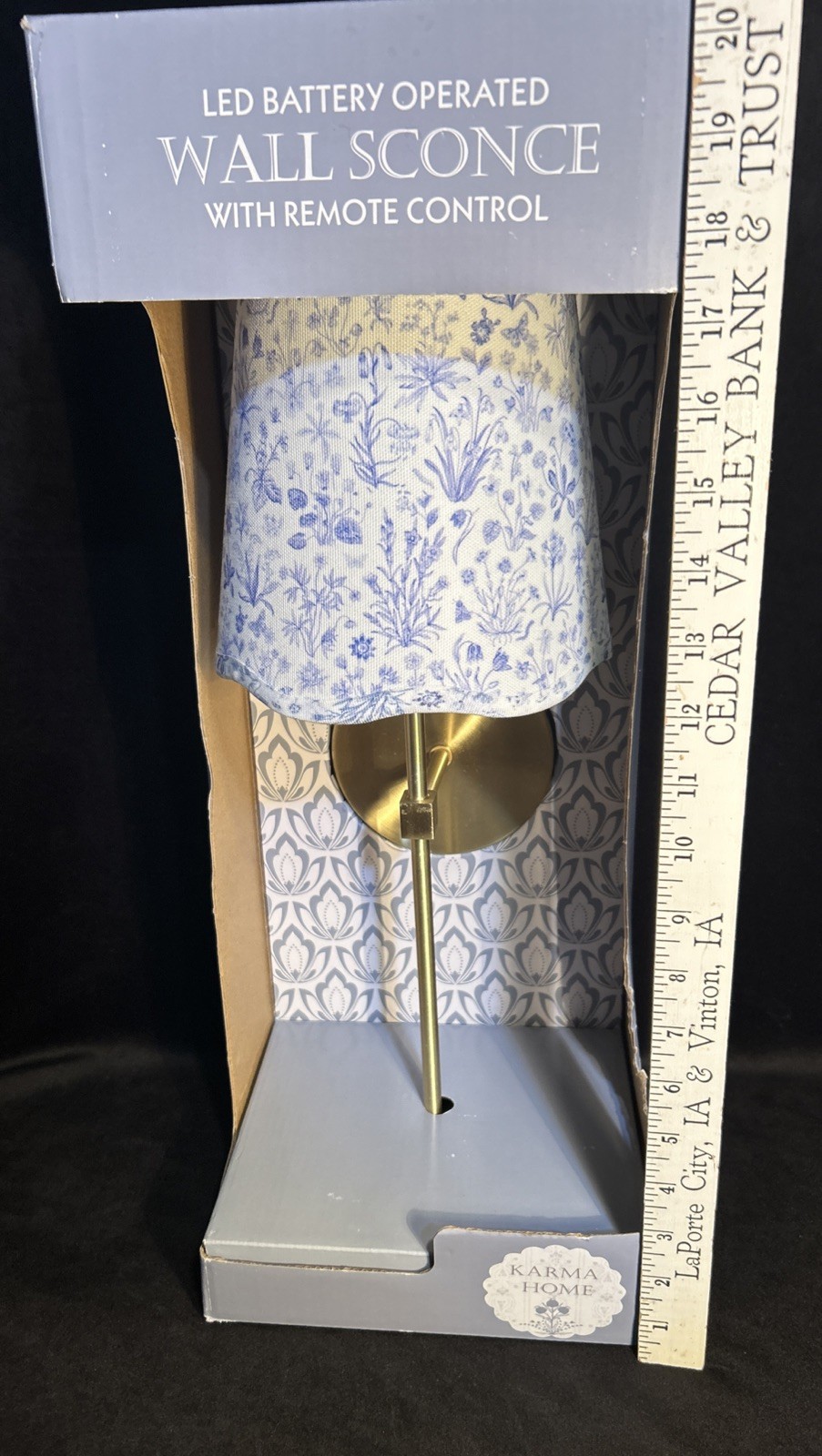 Karma Home Wall Sconce Battery LED Remote Control Blue White Shade Brass Finish