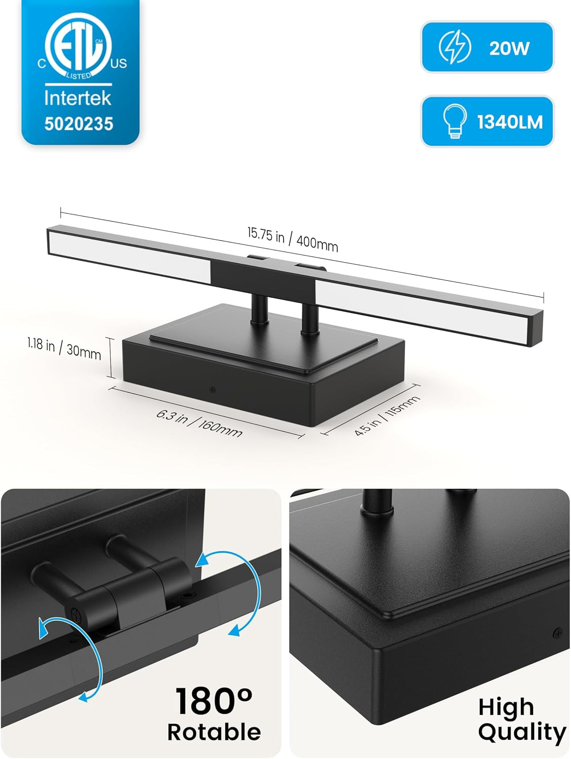 15.7 Inch Modern Bathroom Light Fixture, 20W 5CCT Dimmable LED Black Bathroom Va