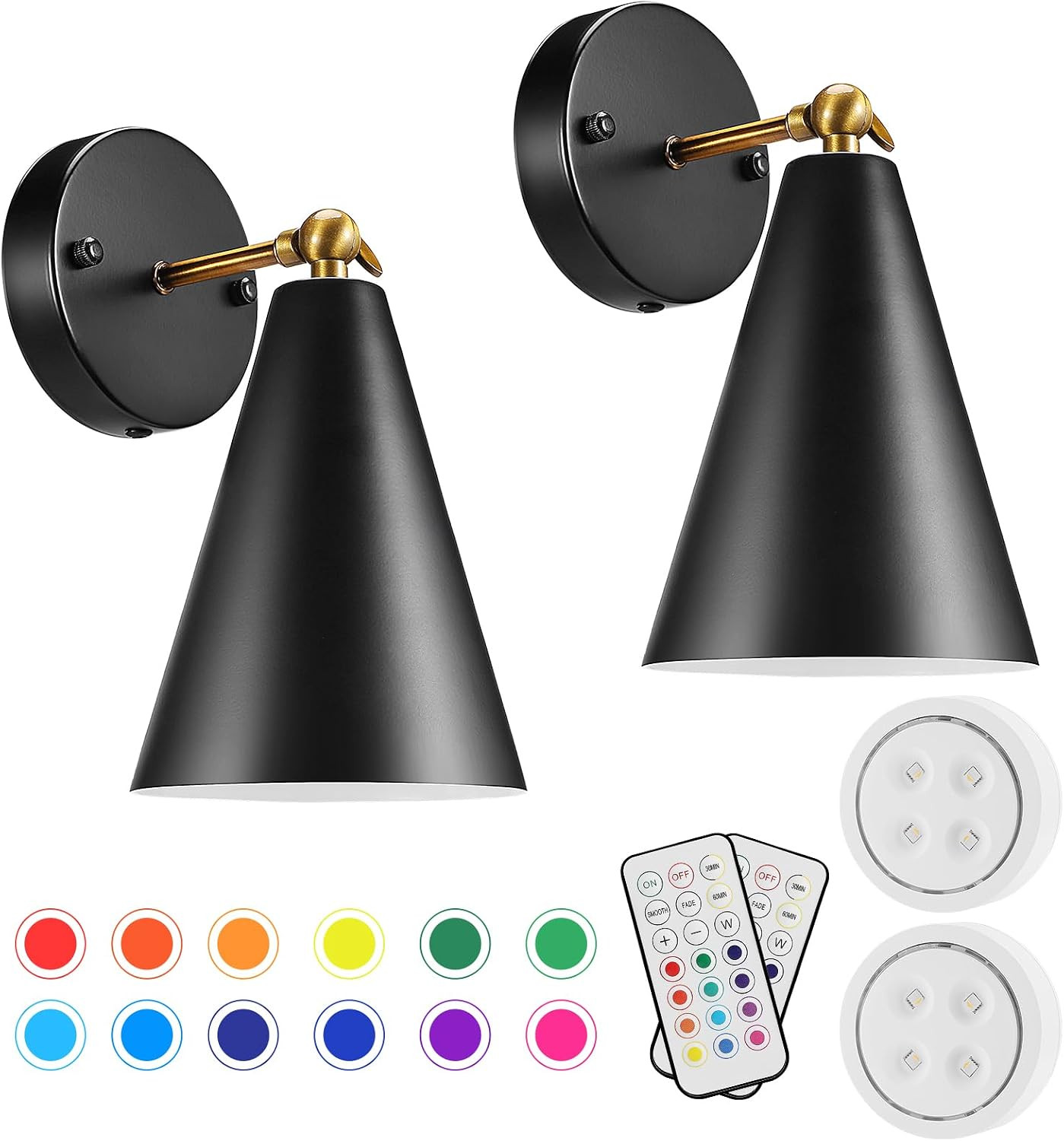Dimmable RGB Battery Operated Wall Sconce Set with Remote Control – 2 Pack