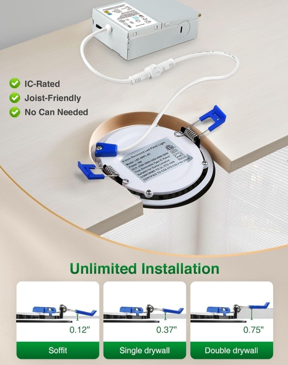 24 Pack 4 Inch Ultra-Thin LED Recessed Ceiling Light with Junction Box 9W Dimmab