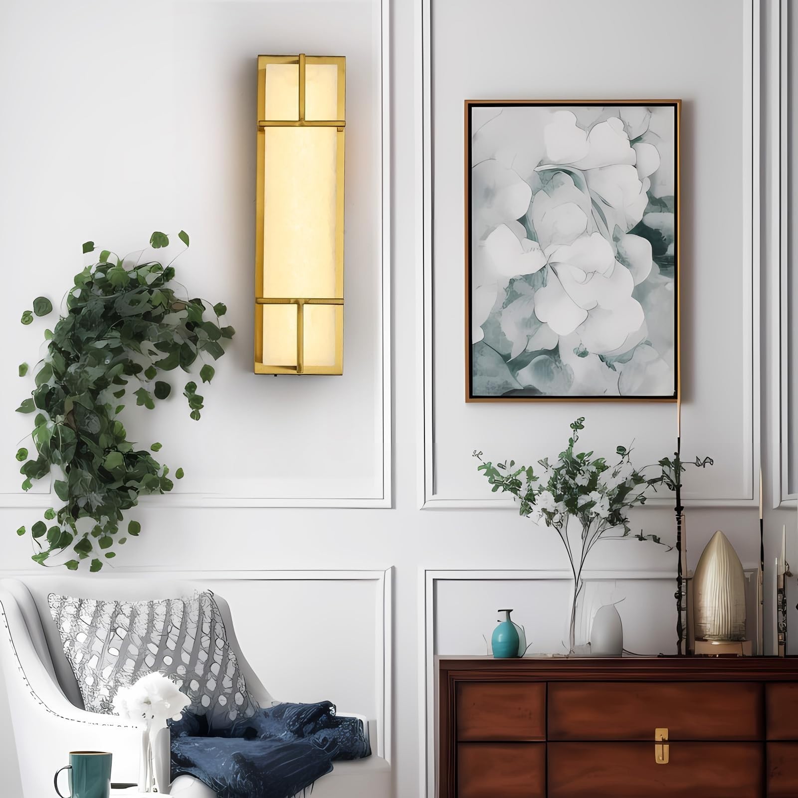 15.7″ Alabaster Wall Sconce, Dimmable 3 CCT, Square Marble Shade, Gold, Hardwire