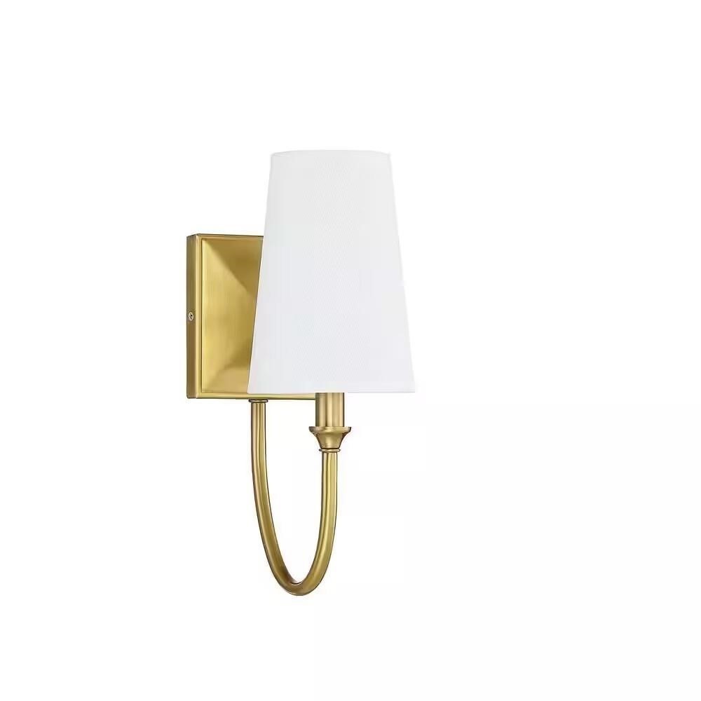 5 In x 13 in 1-Light Warm Brass Transitional Wall Sconce with White Fabric Shade