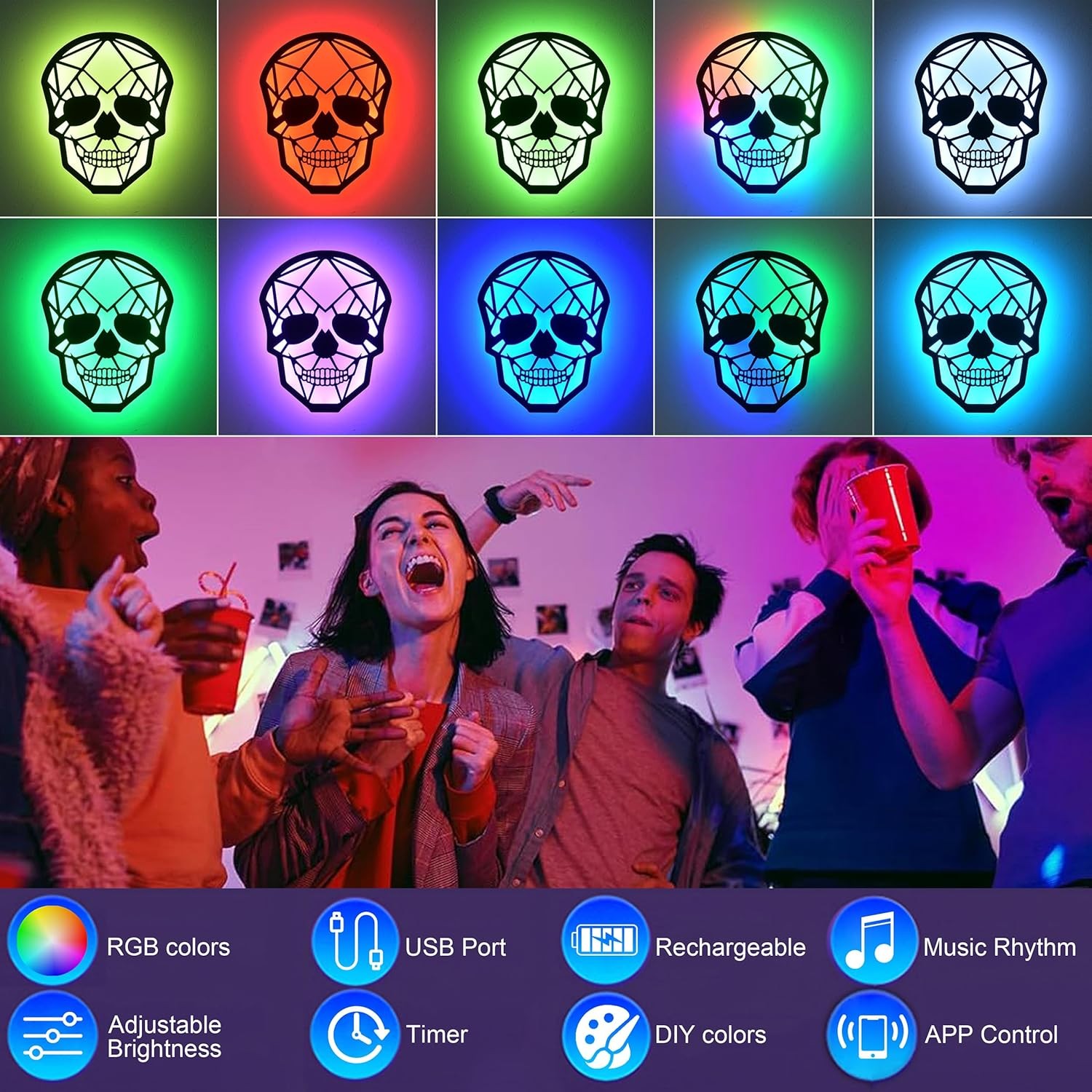 Rechargeable RGB Wall Light with APP Control, Battery, Smart, Skull Design
