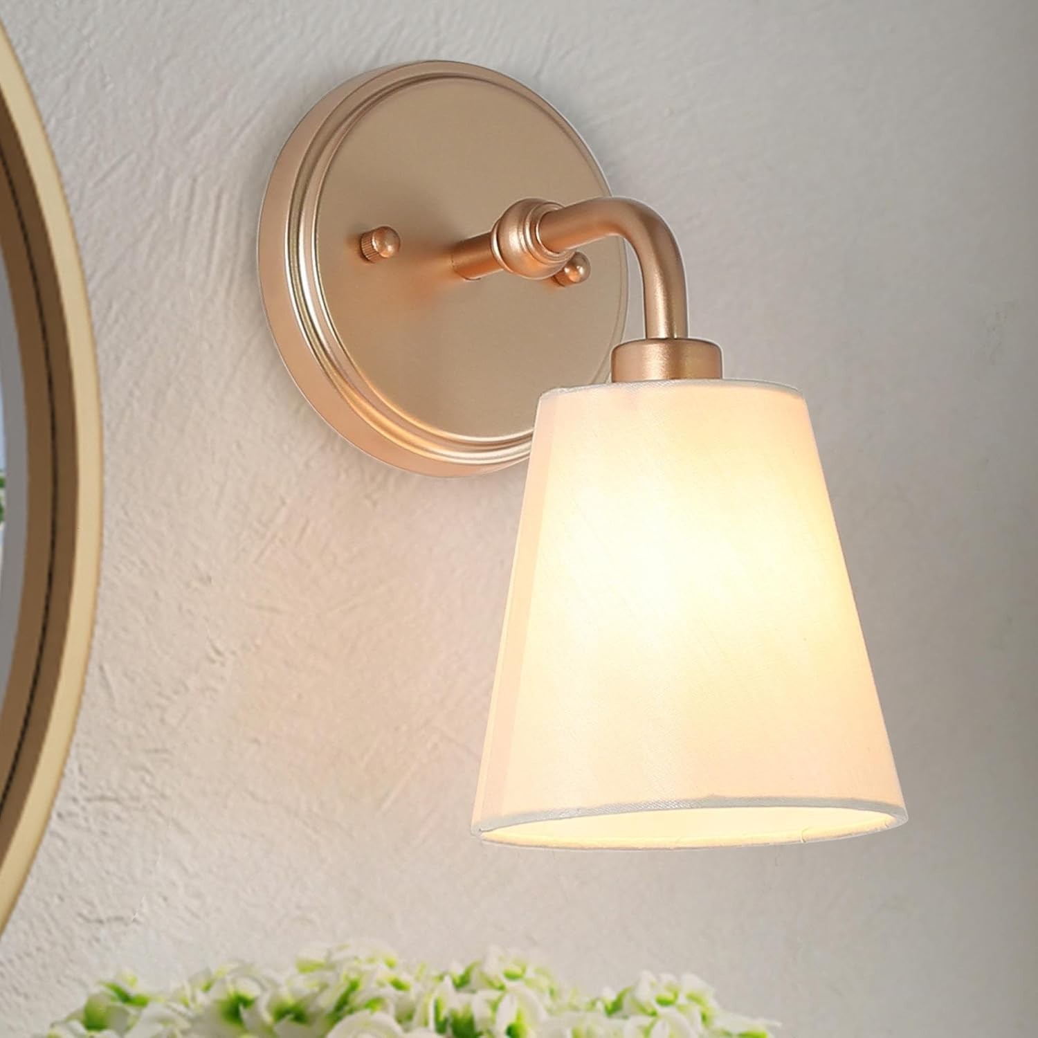 1-Light Gold Wall Sconce Modern Fabric Shade Lighting For Bedroom, Living Room