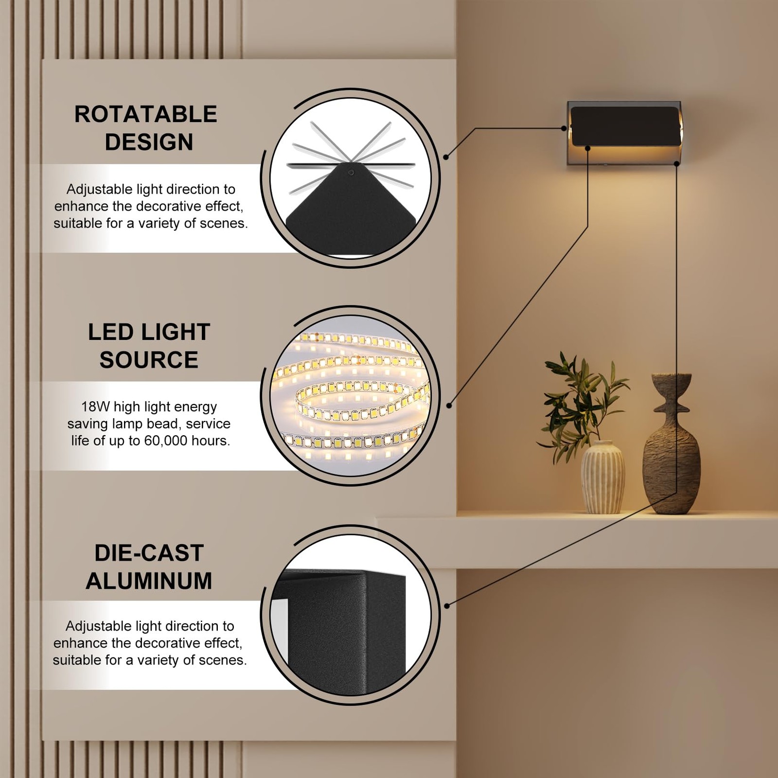 Indoor Modern Led Aluminum Wall Sconces,18W 5CCT 3000K-6000K Dimmable Hardwired