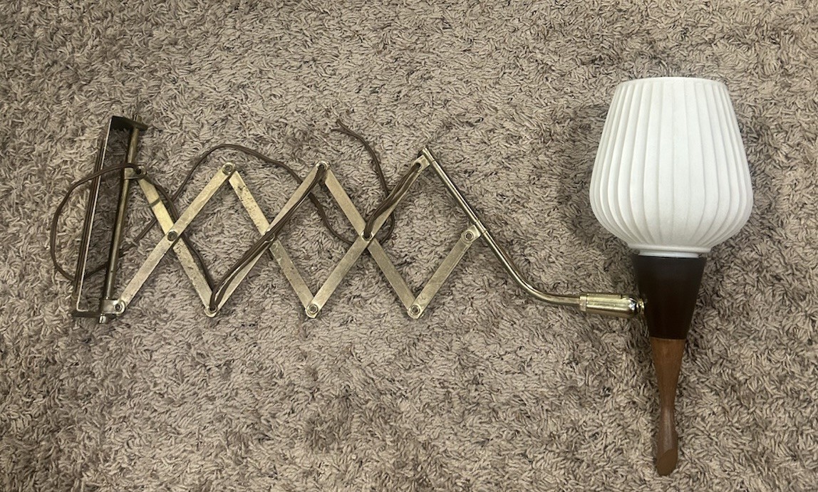 Vintage MCM Accordion Adjustable Wall Mount Sconce w/ White Ribbed Glass Shade