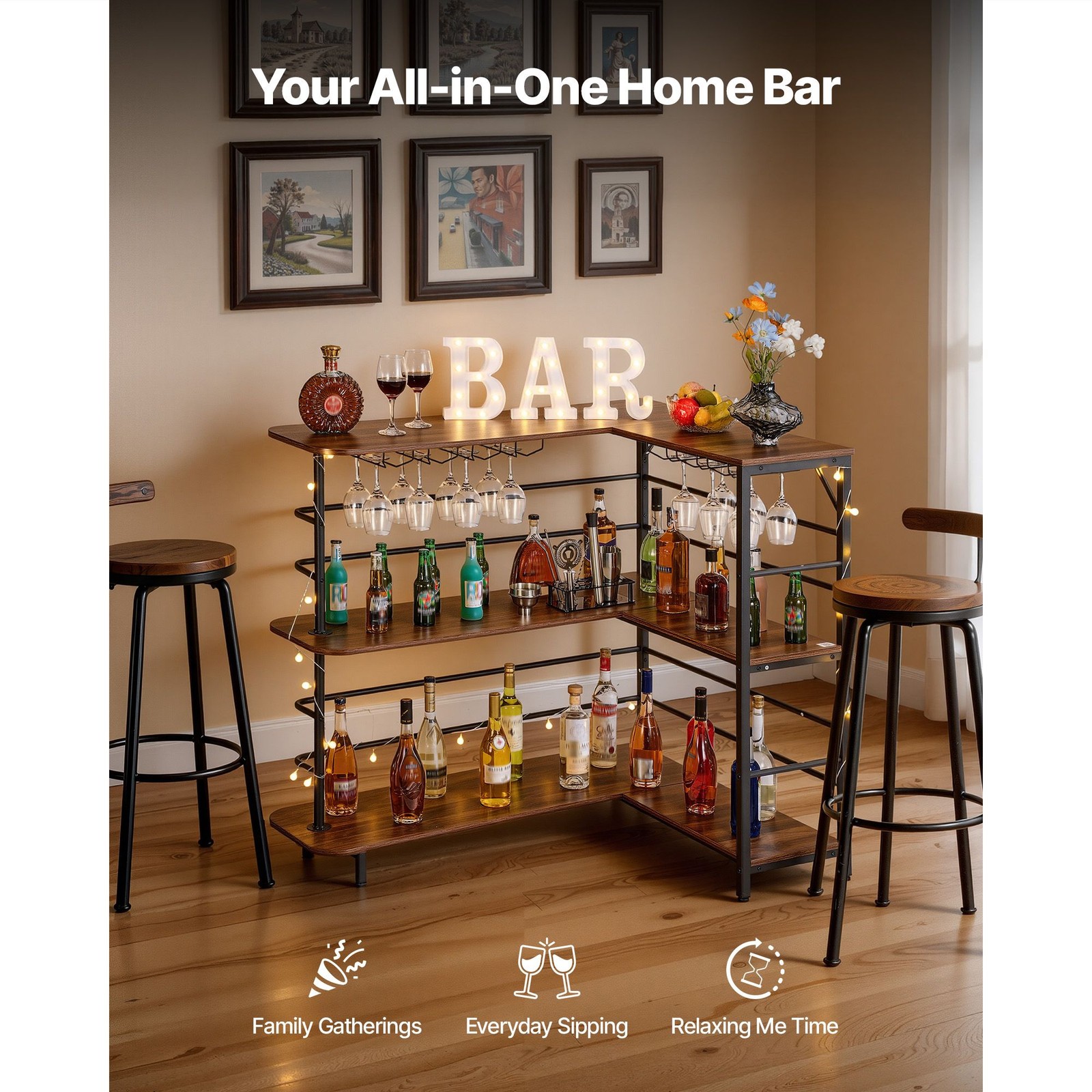 L-Shaped Home Bar Cabinet: 3-Tier Walnut & Metal, LED Light, Adjustable Feet