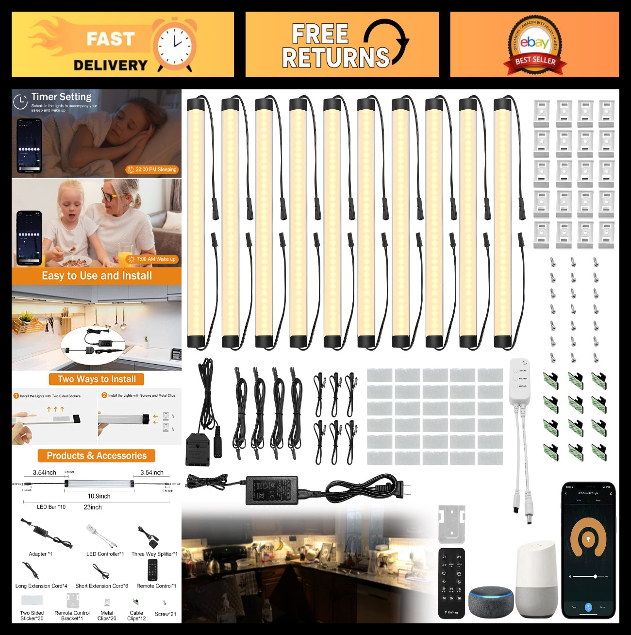 LED Under Cabinet Lighting Kit, Dimmable Strip Lights for Kitchen, Pantry, Shelf