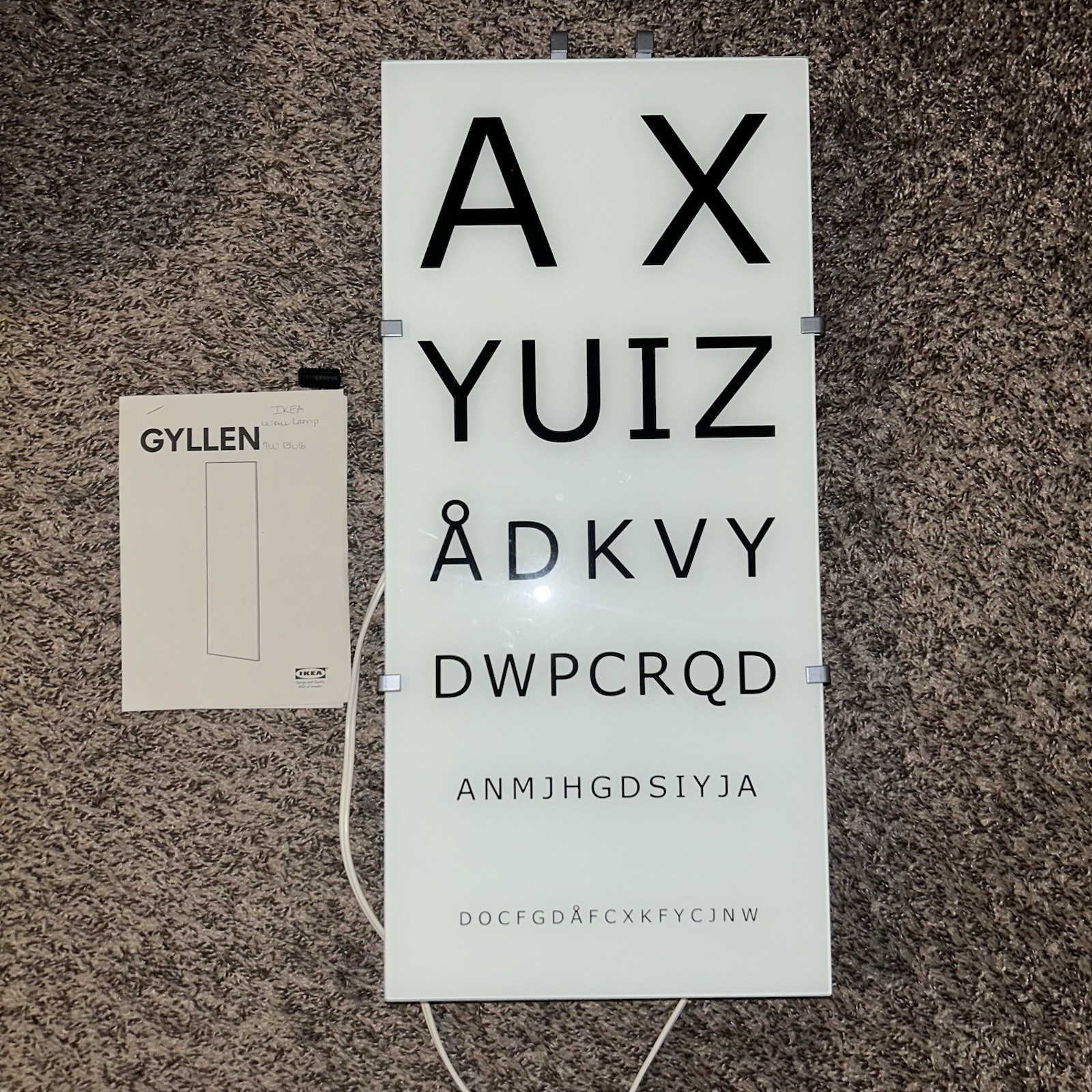 Ikea Gyllen 56 Eye Chart Wall Lamp Light Box David Wahl Design + Manual RARE