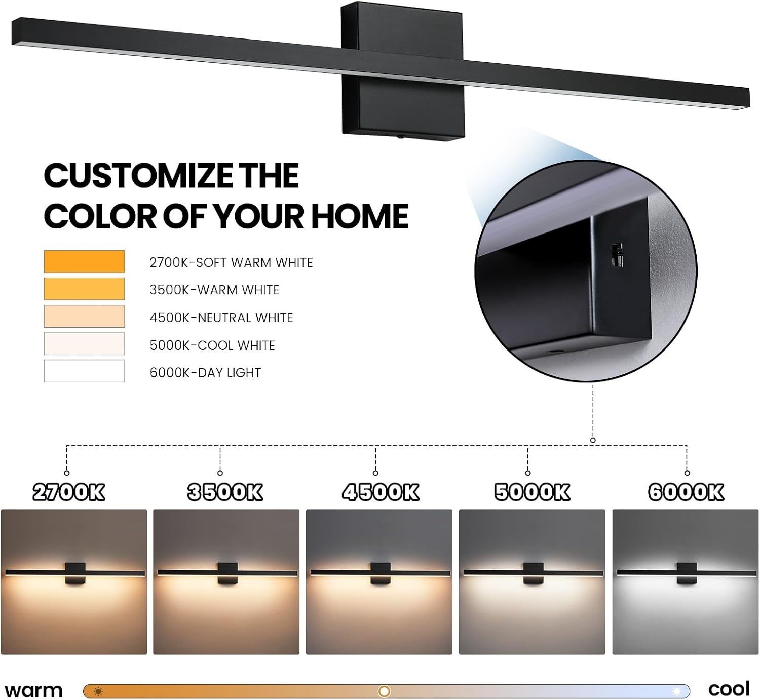 Modern 31.5″ Black LED Bathroom Vanity Light Fixture – Dimmable Wall Sconce