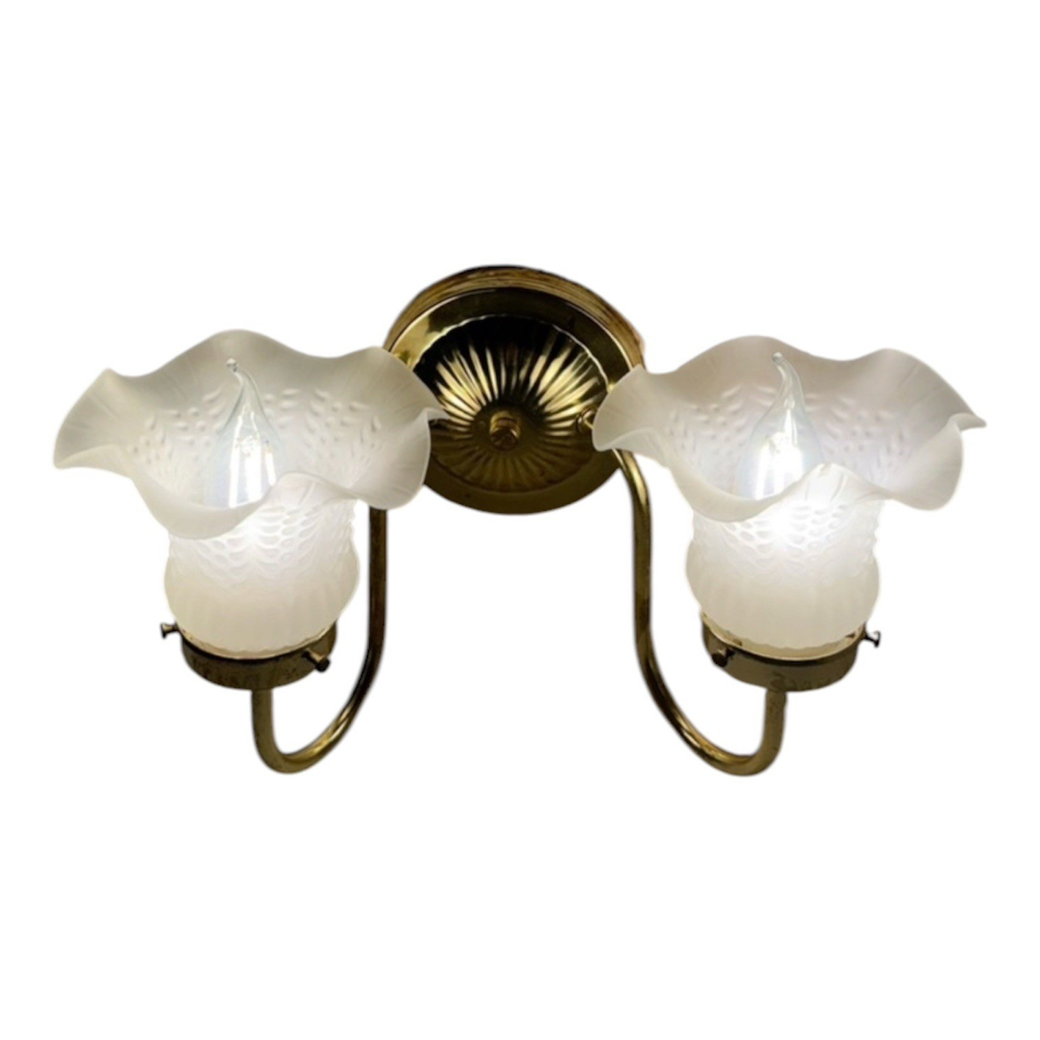 Vintage! 2-Light Brass Finish Wall Sconces. Hardwired, White Bell Glass Shades