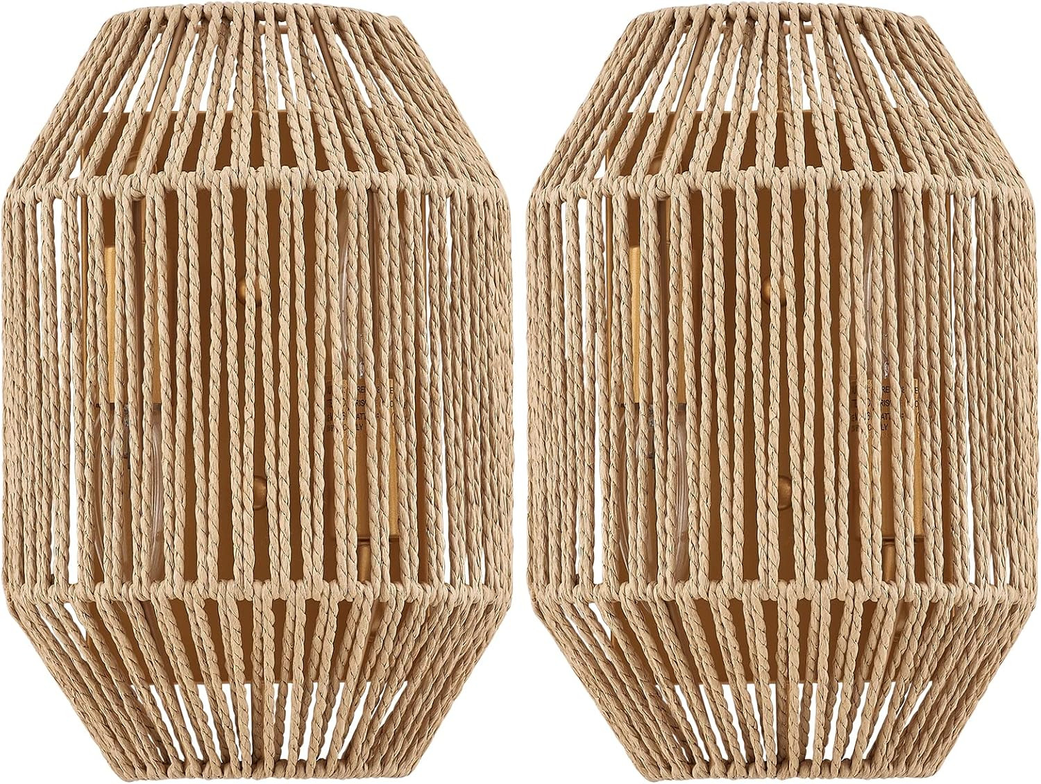 Natural Rattan Wall Sconce Set of 2, with Boho Woven Wicker Shade Antique Brass