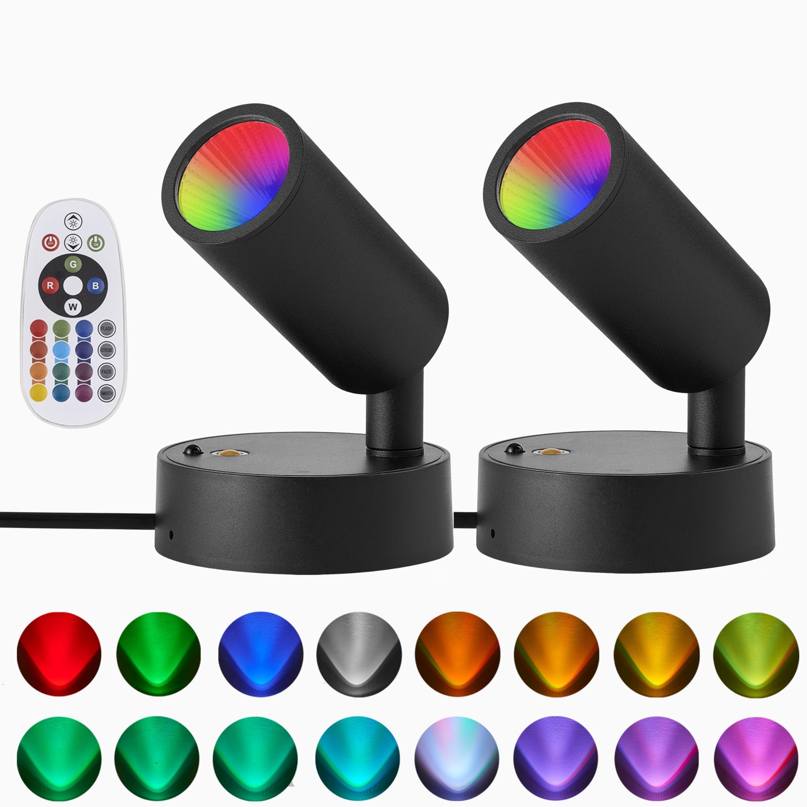 2 PCS Spot Lights Indoor RGBW Color Changing Wall Light Remote Black