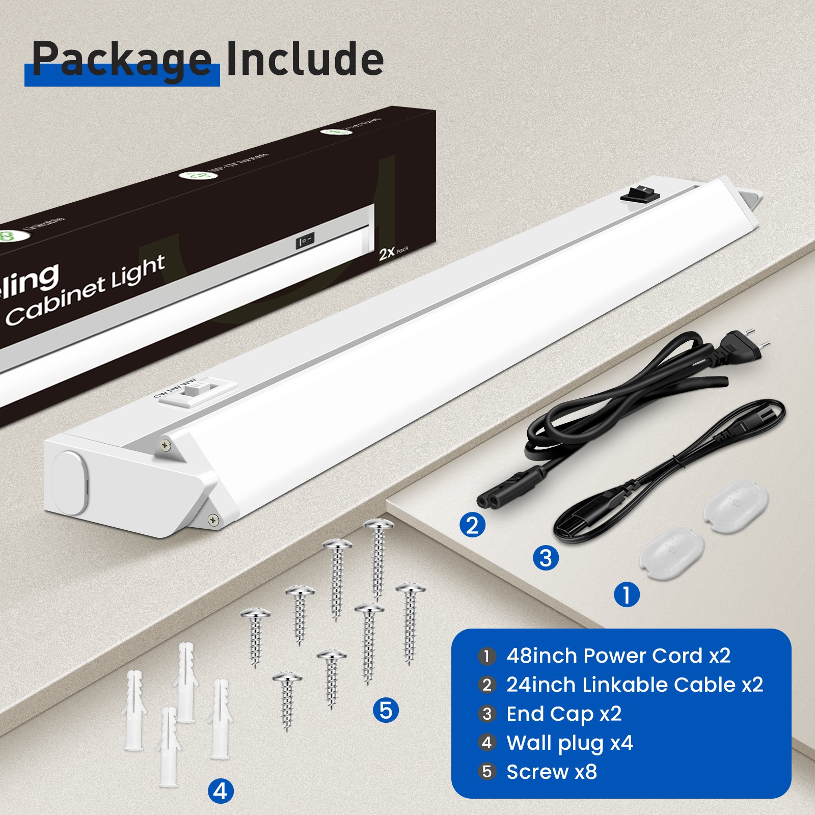 2x LED Under Cabinet Light 3CCT Rotatable Kitchen Closet Lights 12/18/22/24 Inch