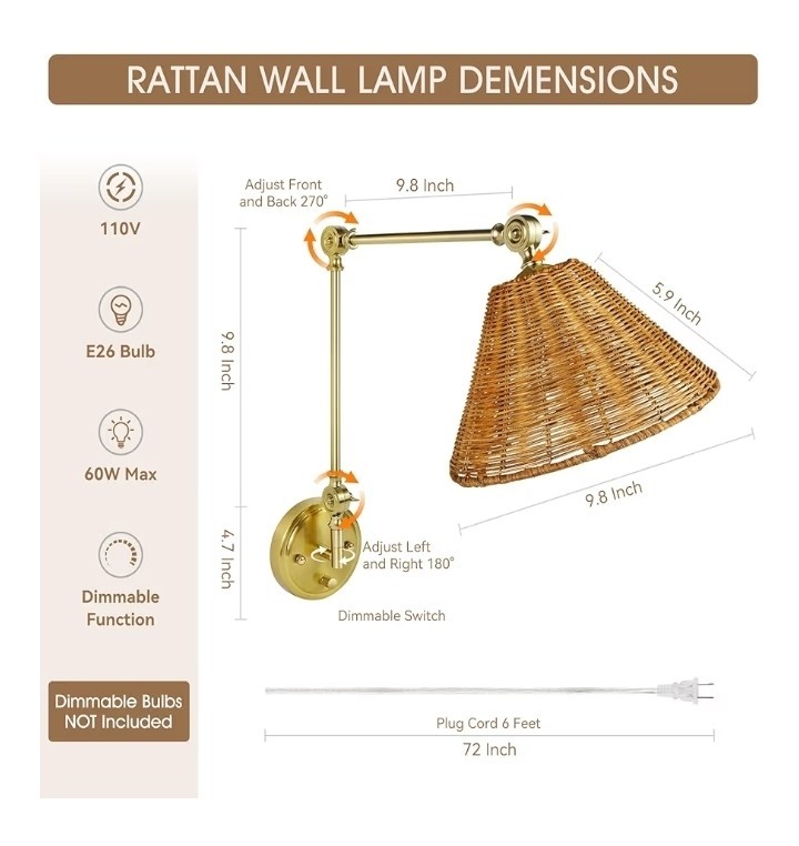 JO.KO Rattan Wall Sconce Set Gold Plug In Swing Arm Boho Lamp Dimmable