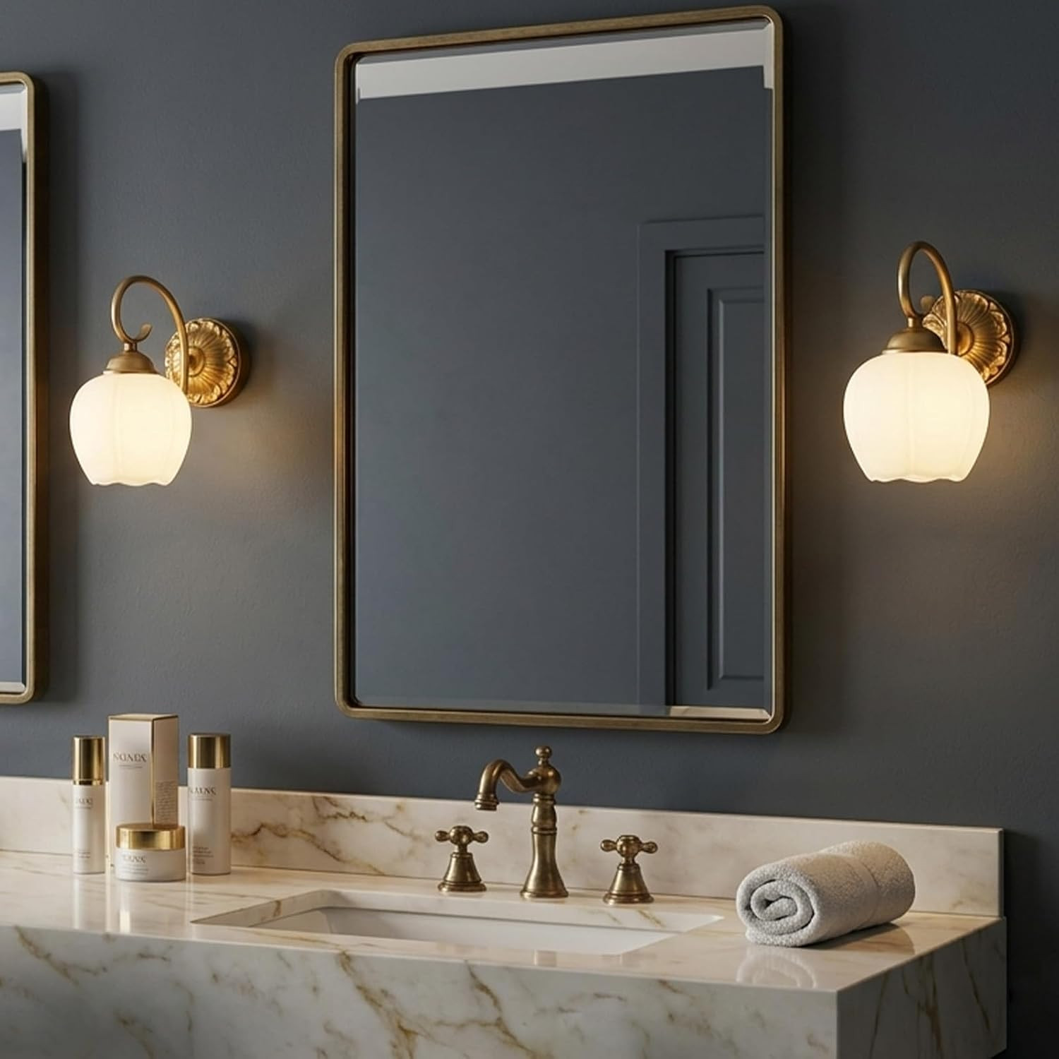 Gold Wall Sconces Set of 2, Vintage Bathroom Wall Sconces with Milky White Glass