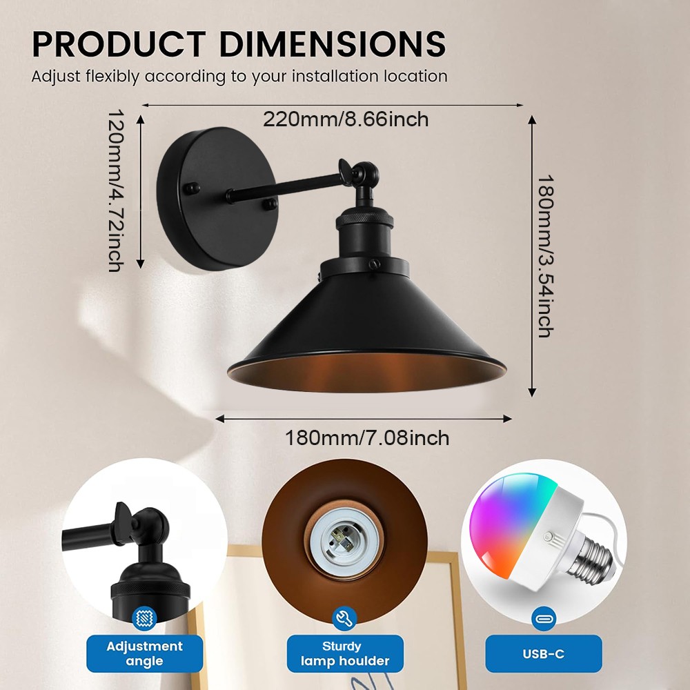 2/4PCS LED Wall Lights Battery Operated Wall Sconce Black w/Button Switch Remote