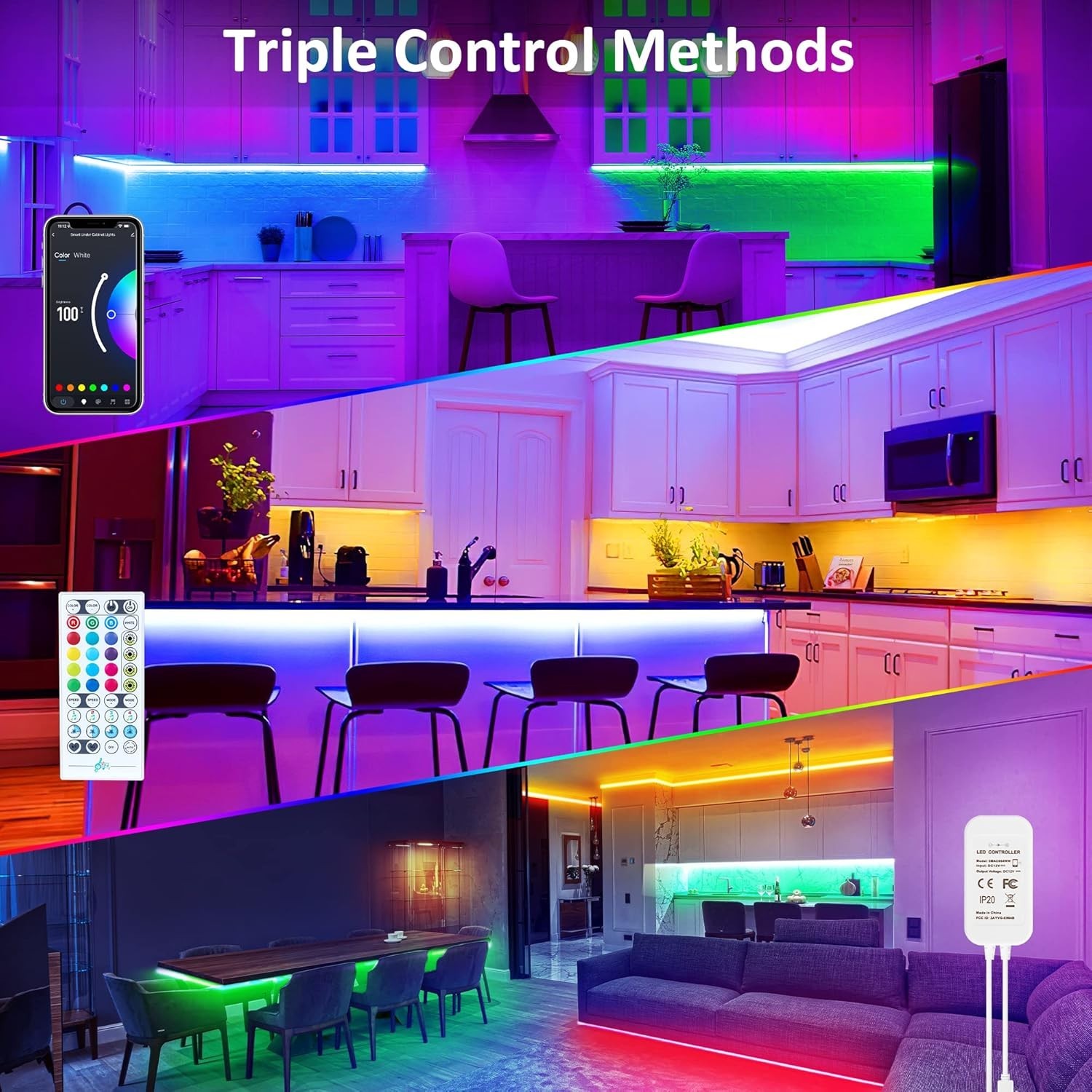 Dimmable LED Strip Lights Kit – RGB Color Changing for Kitchen & Shelf Lighting