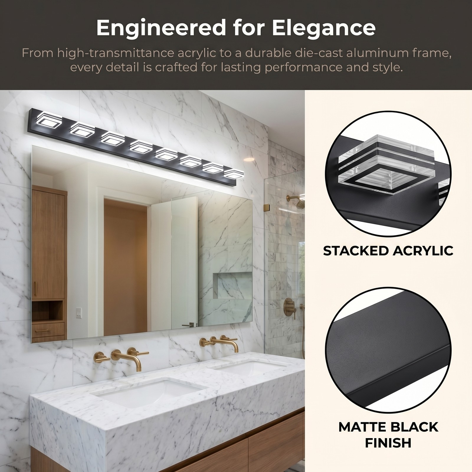 52 Inch 8-Light LED Vanity Light Dimmable Black Bathroom Mirror Wall Light