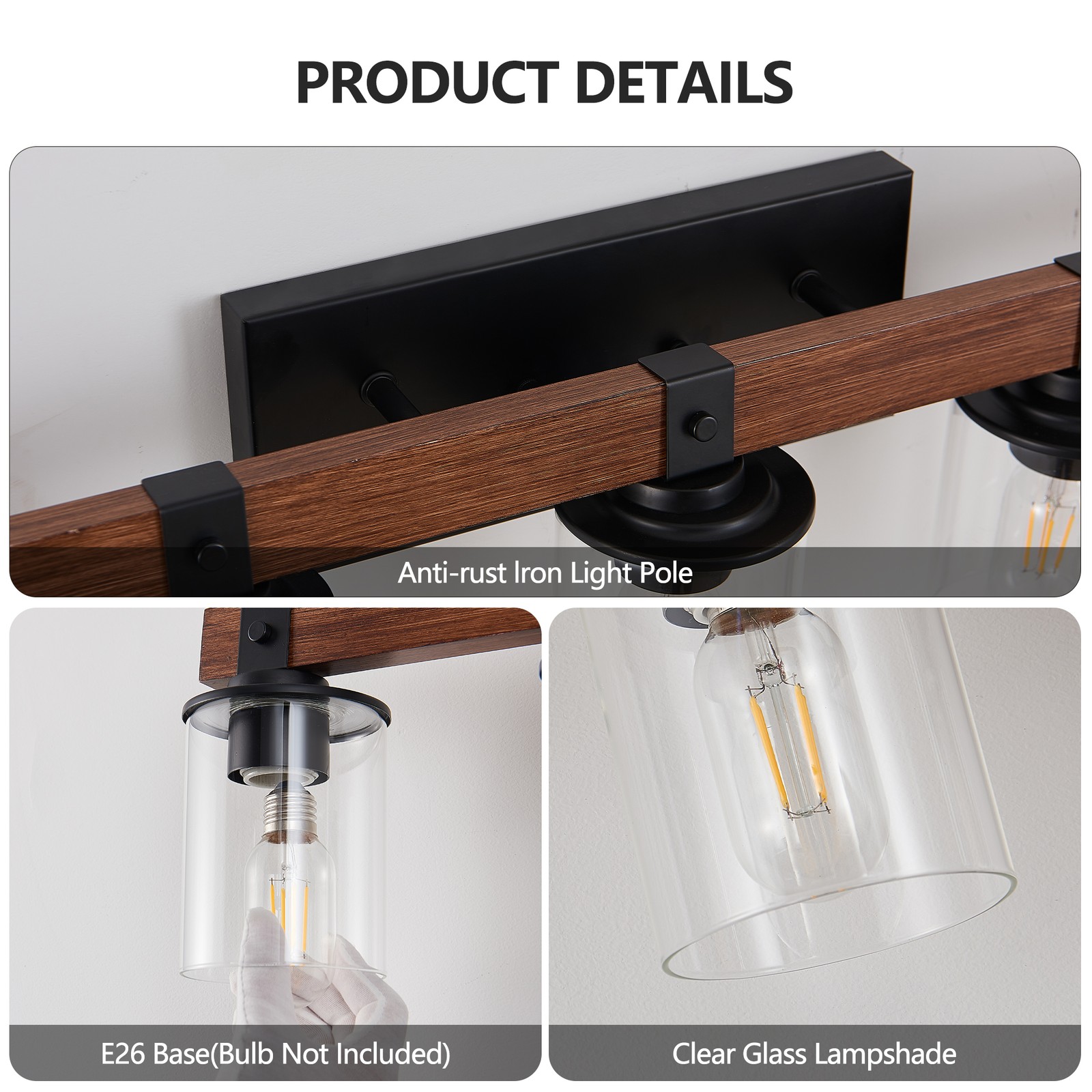 Vanity Light 7 Lights 50» Farmhouse Wood Black for Bathroom Mirror Wall Fixture