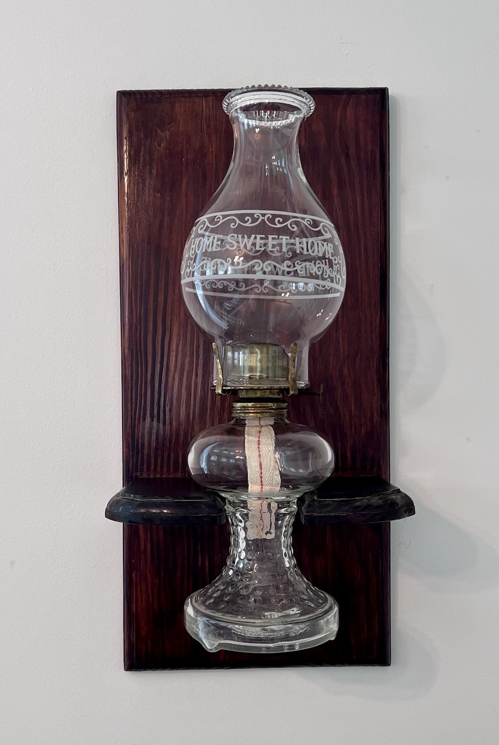Vintage Wall-Mounted Oil Lamp Sconce | Etched Glass & Wood | Primitive Lighting