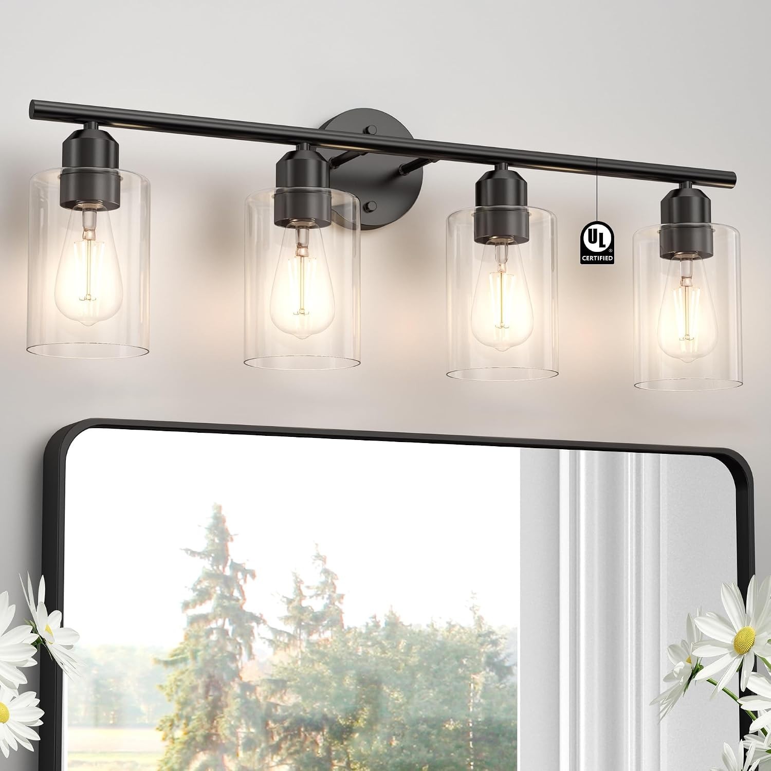 4 Light Modern Bathroom Vanity Fixture in Matte Black with Clear Cylinder Shades