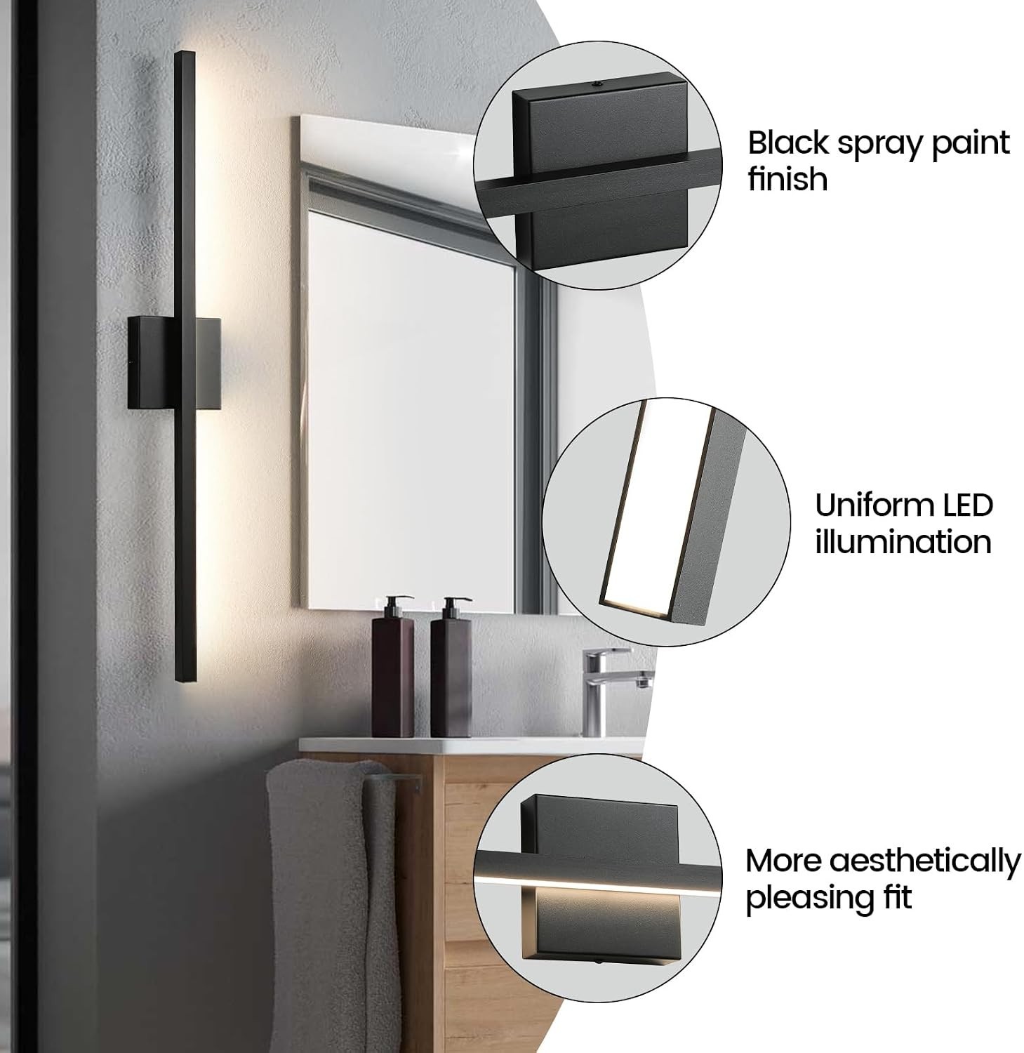 Modern 31.5″ Black LED Bathroom Vanity Light Fixture – Dimmable Wall Sconce
