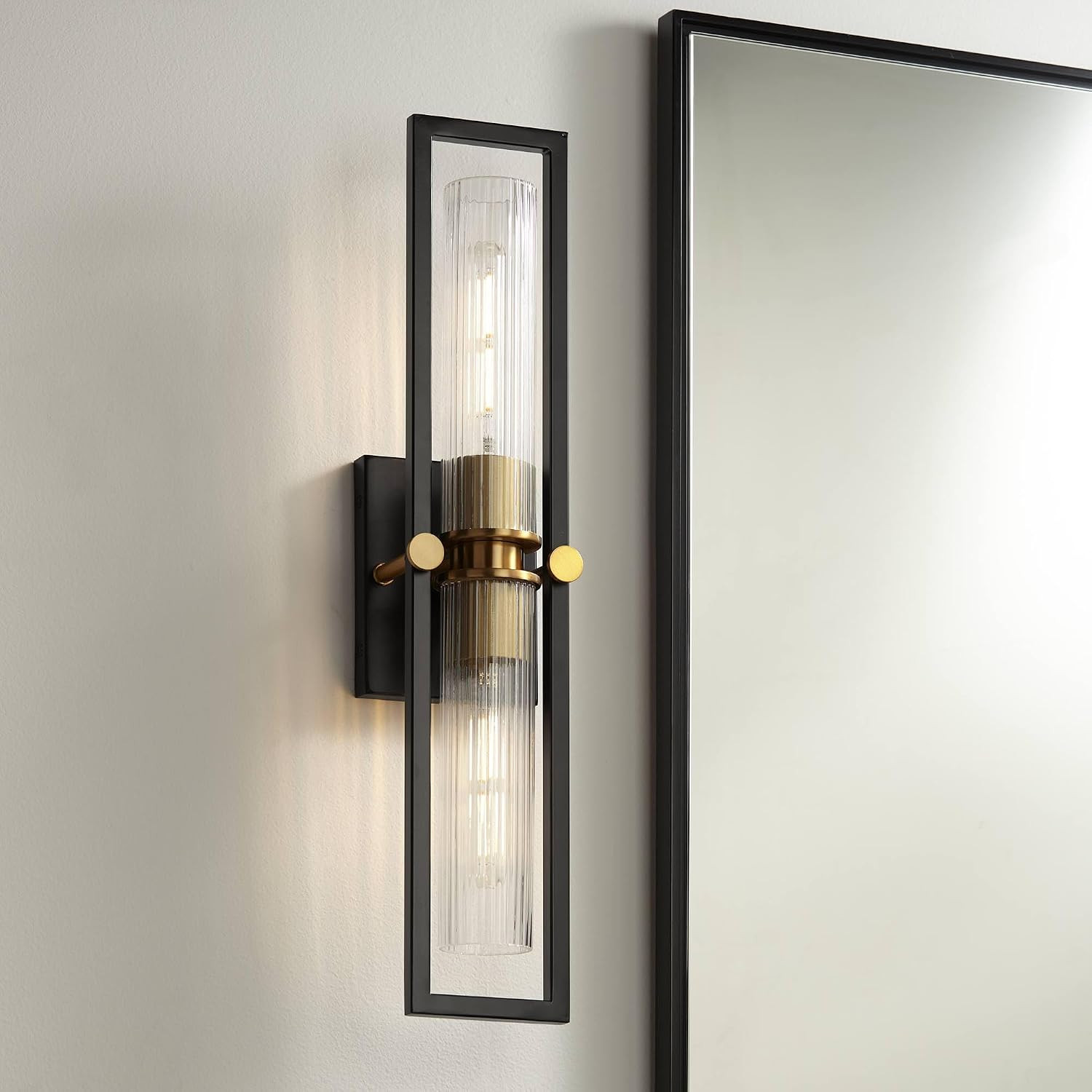 Matte Black & Brass 2-Light Wall Sconce with Antique Glass Shade for Indoor Use