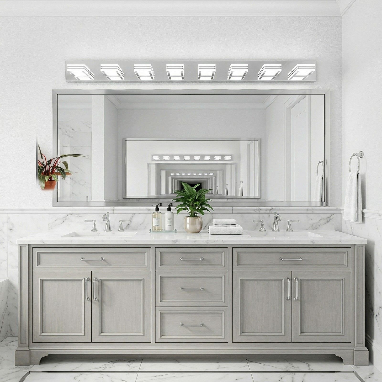 Chrome Dimmable LED Vanity Light 52 inch 8-Lights Wall Fixture Bathroom Mirror