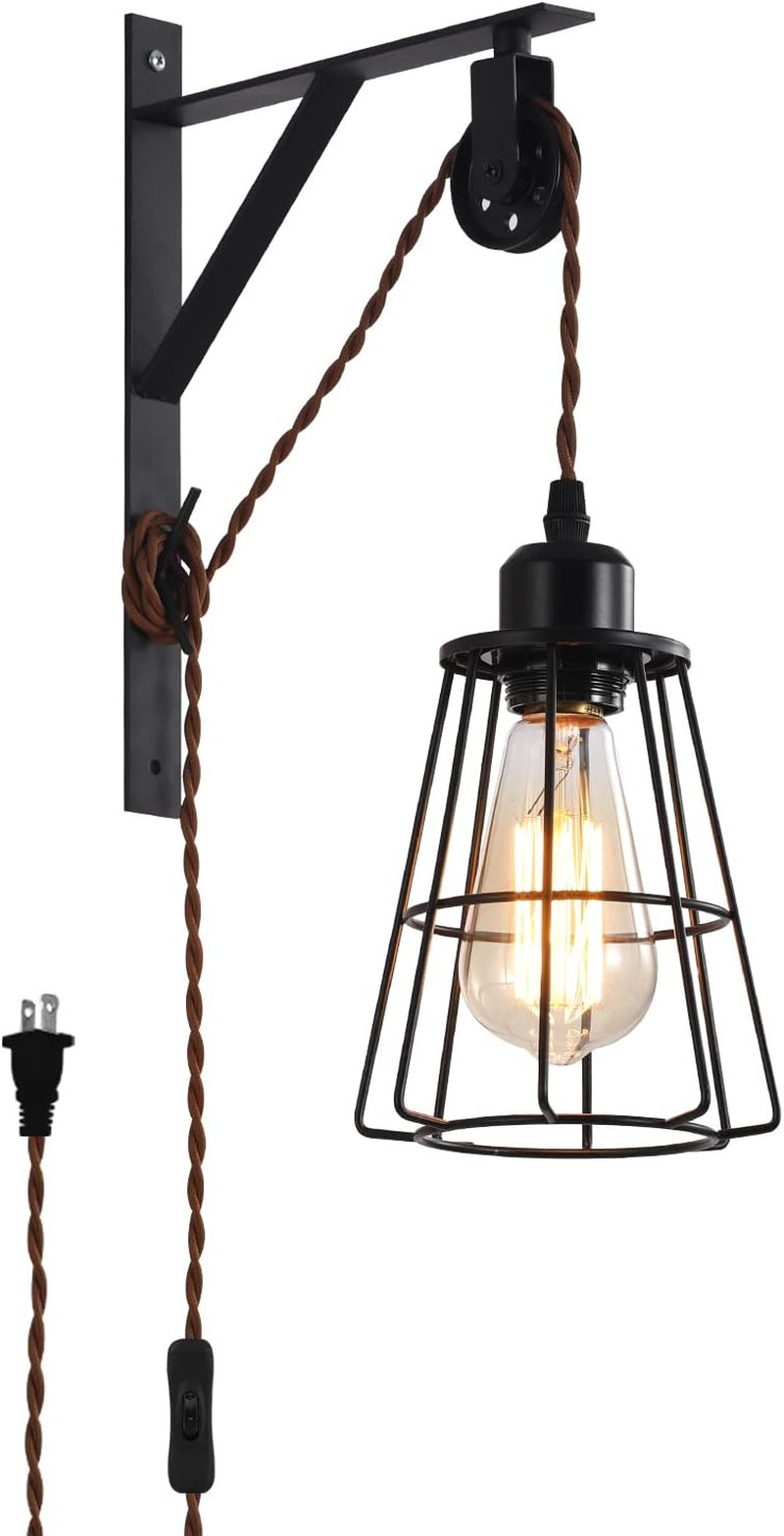 Rustic Industrial Cage Wall Lamp with Adjustable Pulley & Plug-in Cord
