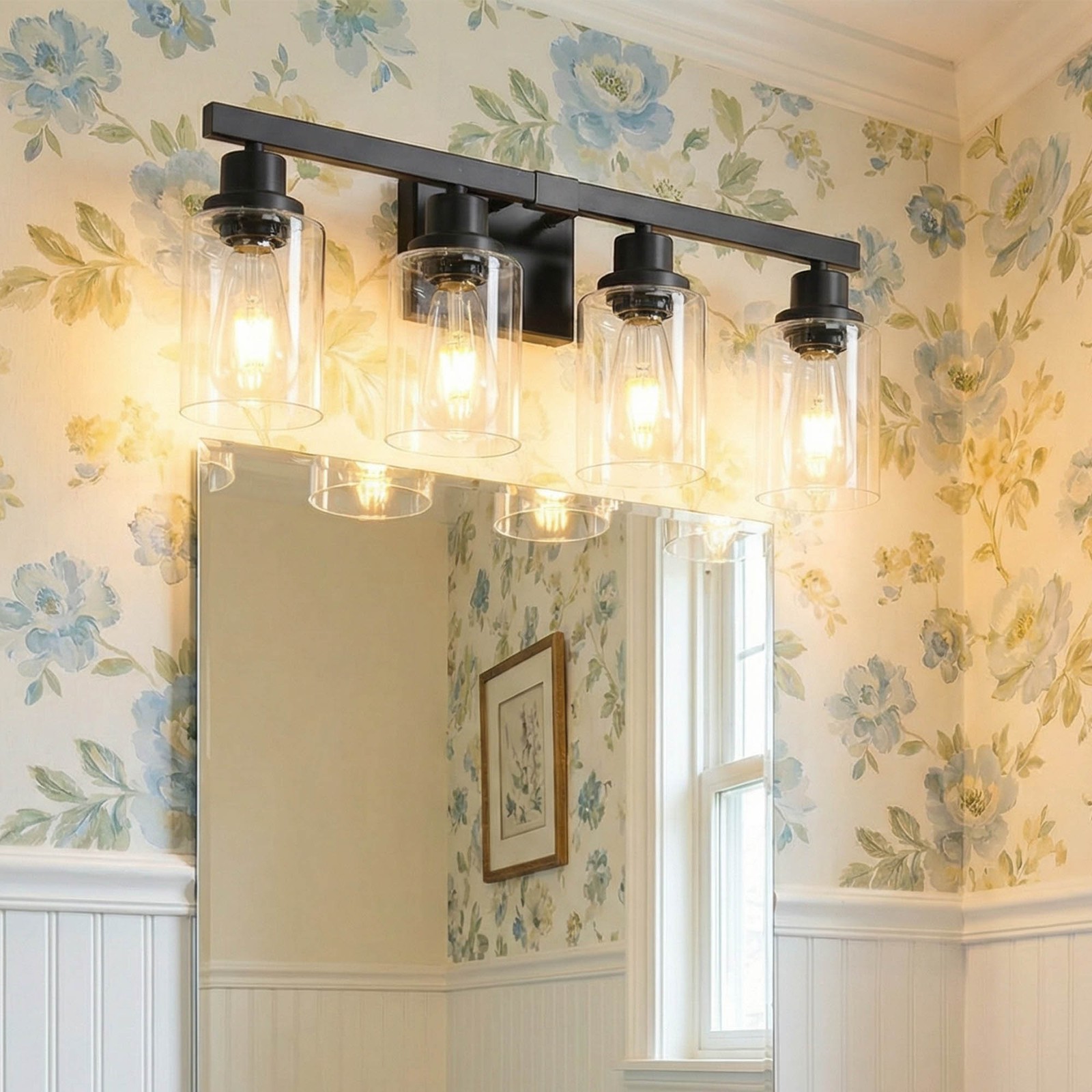24″ Bathroom Mirror Vanity Light Modern Black 4 Lights Glass Wall Sconce Fixture