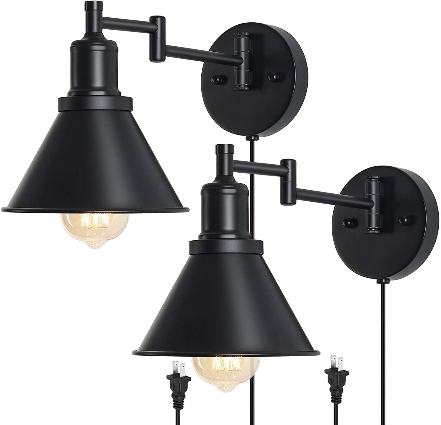 Set of 2 Farmhouse Plug in Wall Sconce Swing Arm Lamp Reading Light Fixture