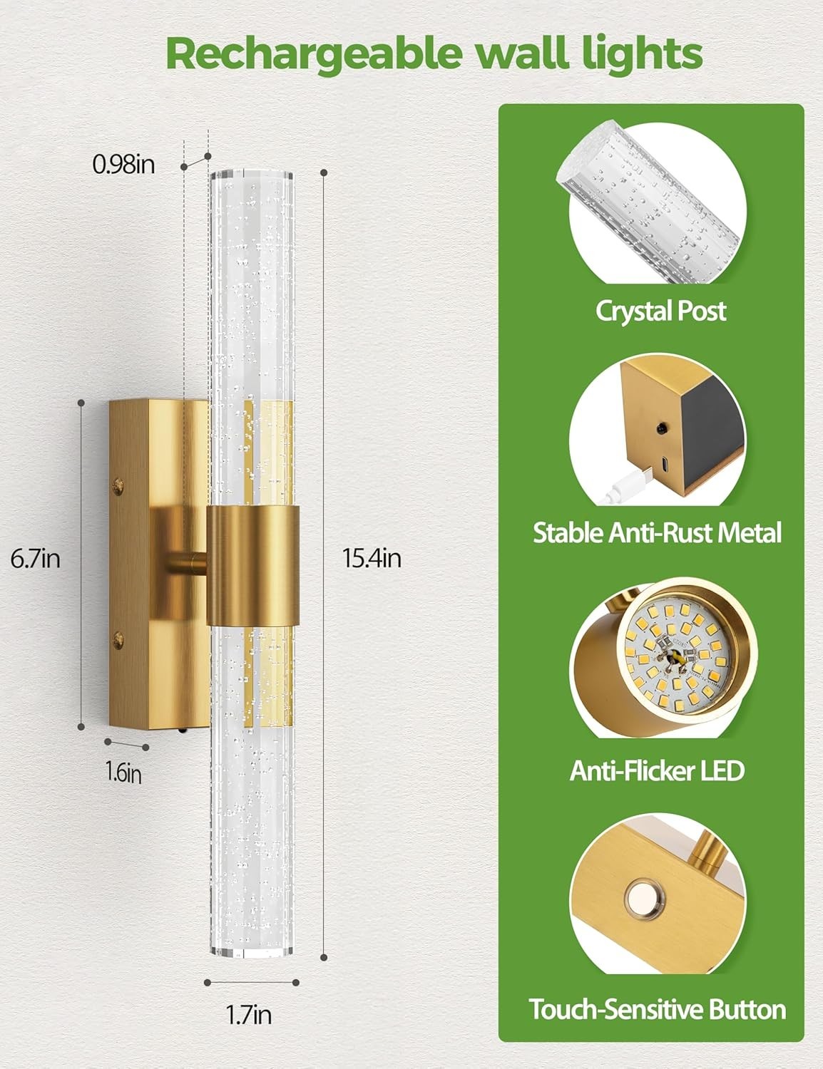 Battery Operated Wall Sconce Set of 2,3CCT,Dimmable,10400mAh,Gold Modern Rech…