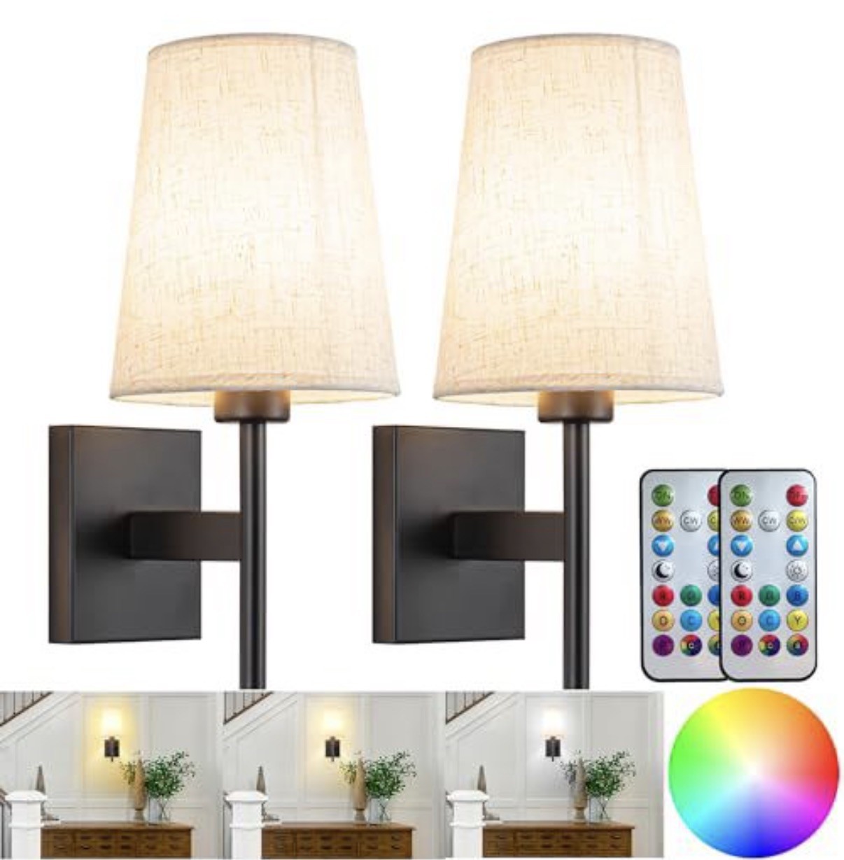 2 Pack Battery Wall Lamps Sconces Rechargeable RGB LED Bulbs W/ Remote Blk #50