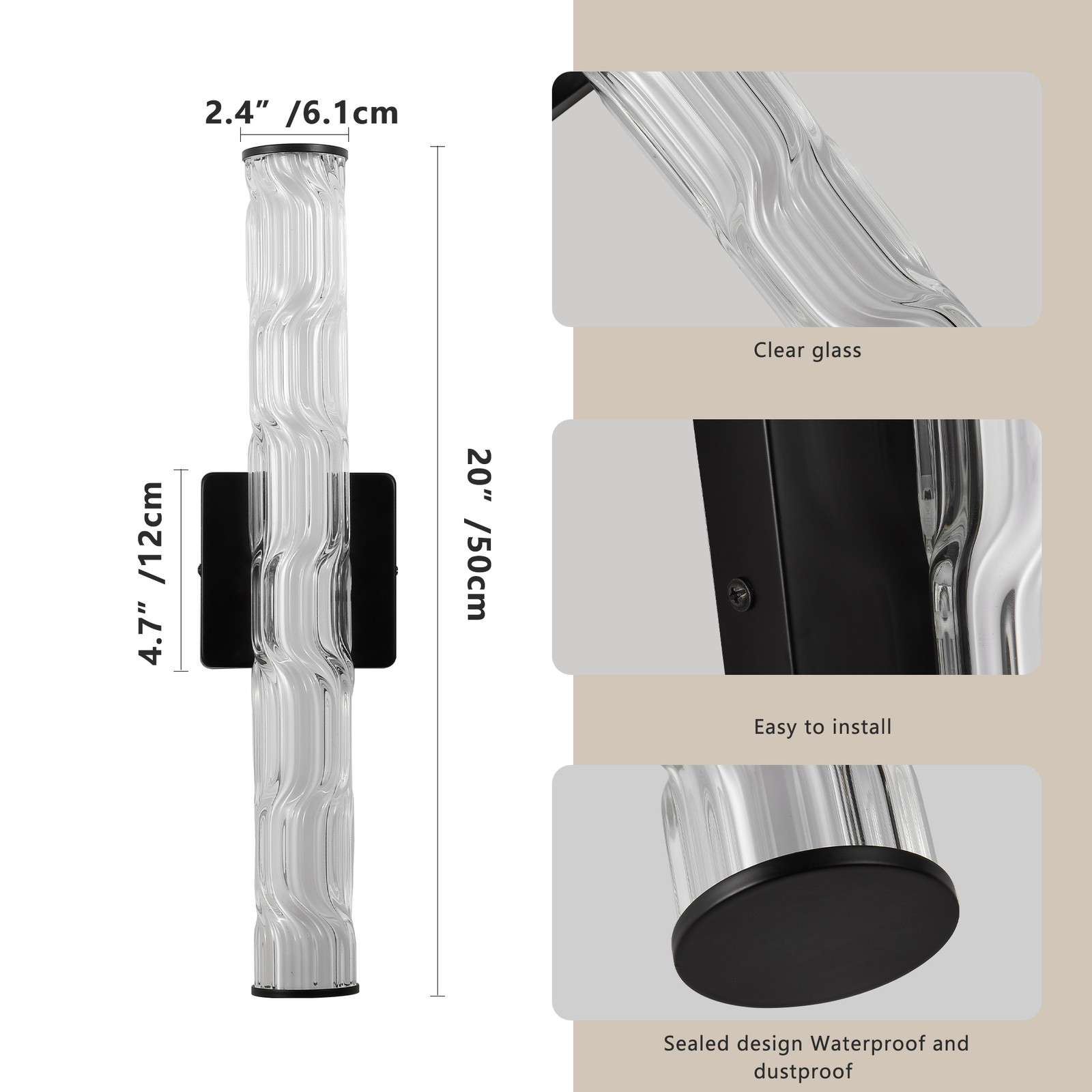 2 Pack 20» Black Indoor Wall LED Light Ripple Glass Dimmable Sconce Fixture