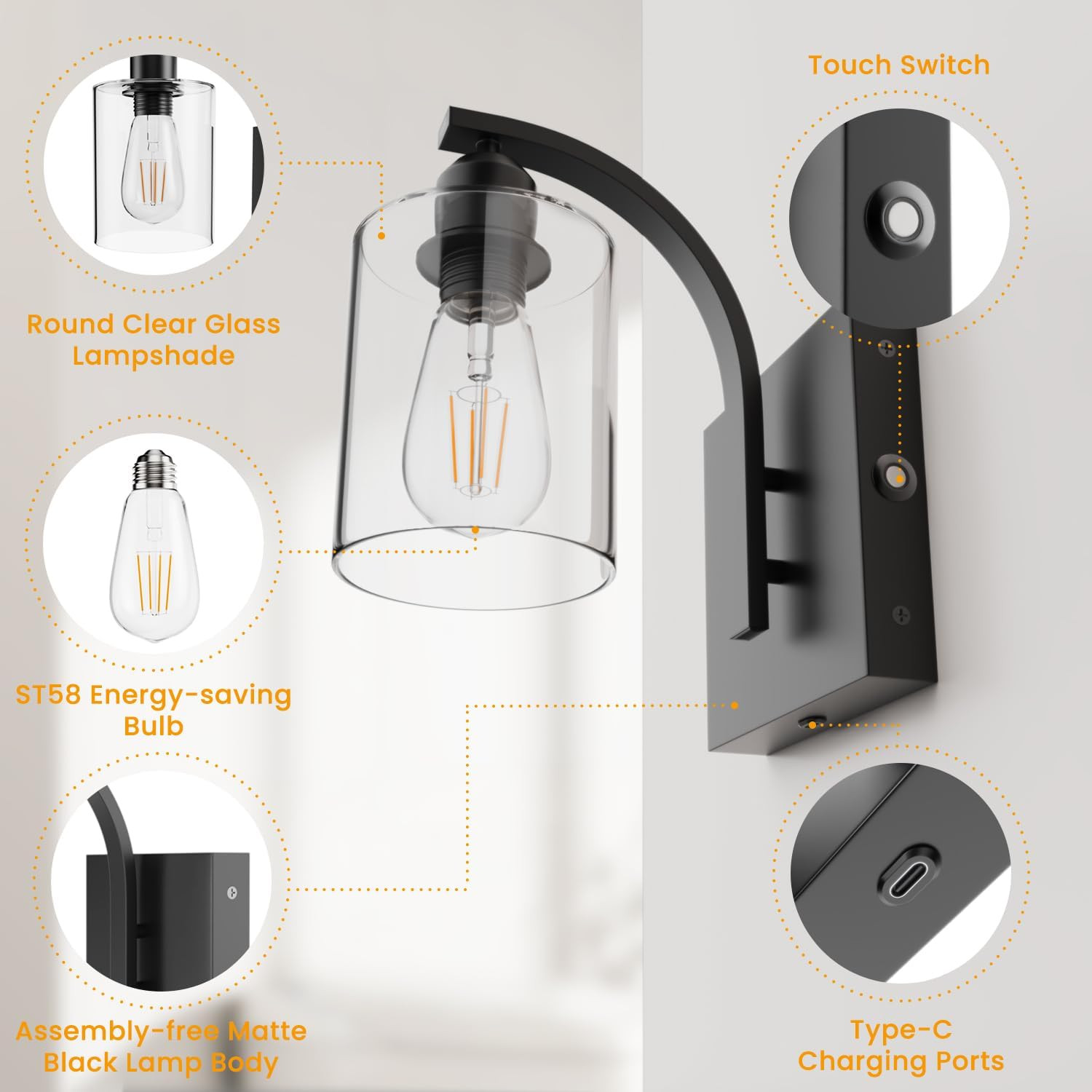 Rechargeable Battery-Powered Wall Sconces Set of 2 – Matte Black & Glass