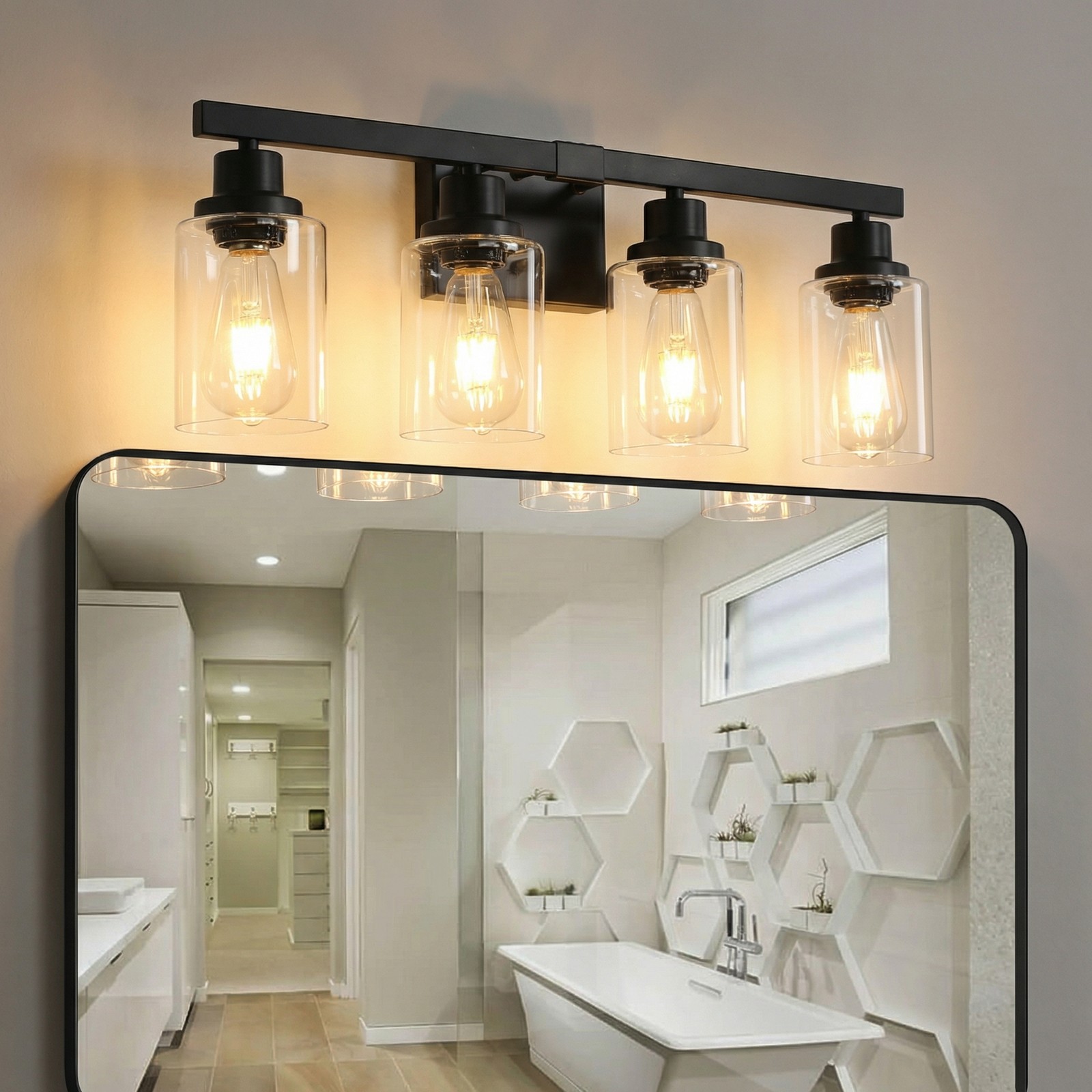 24″ Bathroom Mirror Vanity Light Modern Black 4 Lights Glass Wall Sconce Fixture