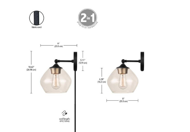 Globe Electric 8″ Matte Black Gold Wall Sconce Plug-In or Hardwired 1-Light