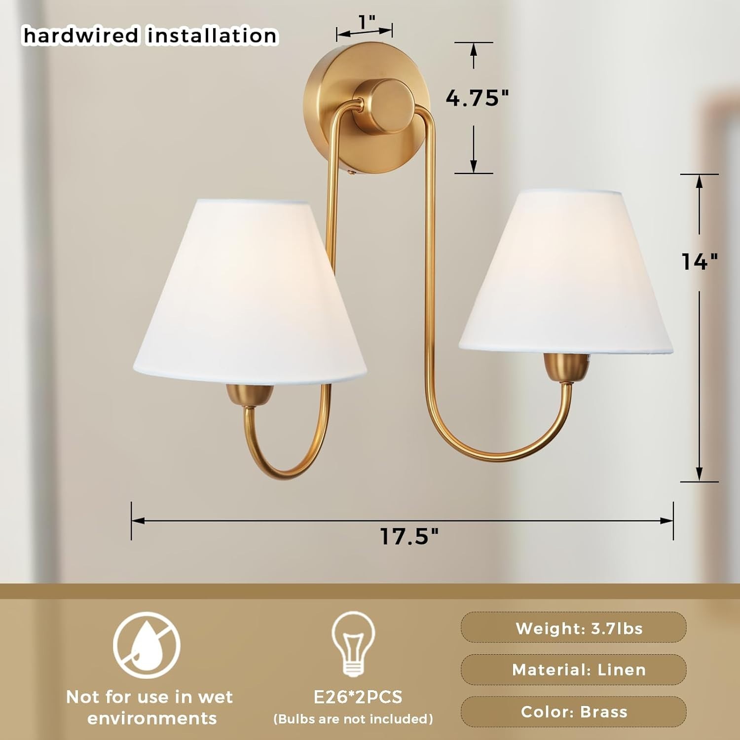 Brass 2-Light Linen Shade Double Swoop Wall Sconce Modern E26 Fixture