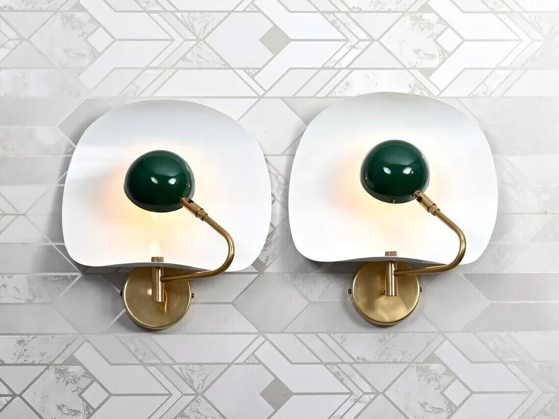 Mid Century Pair Wall White Green Shade Italian Focus Handmade Indirect Light