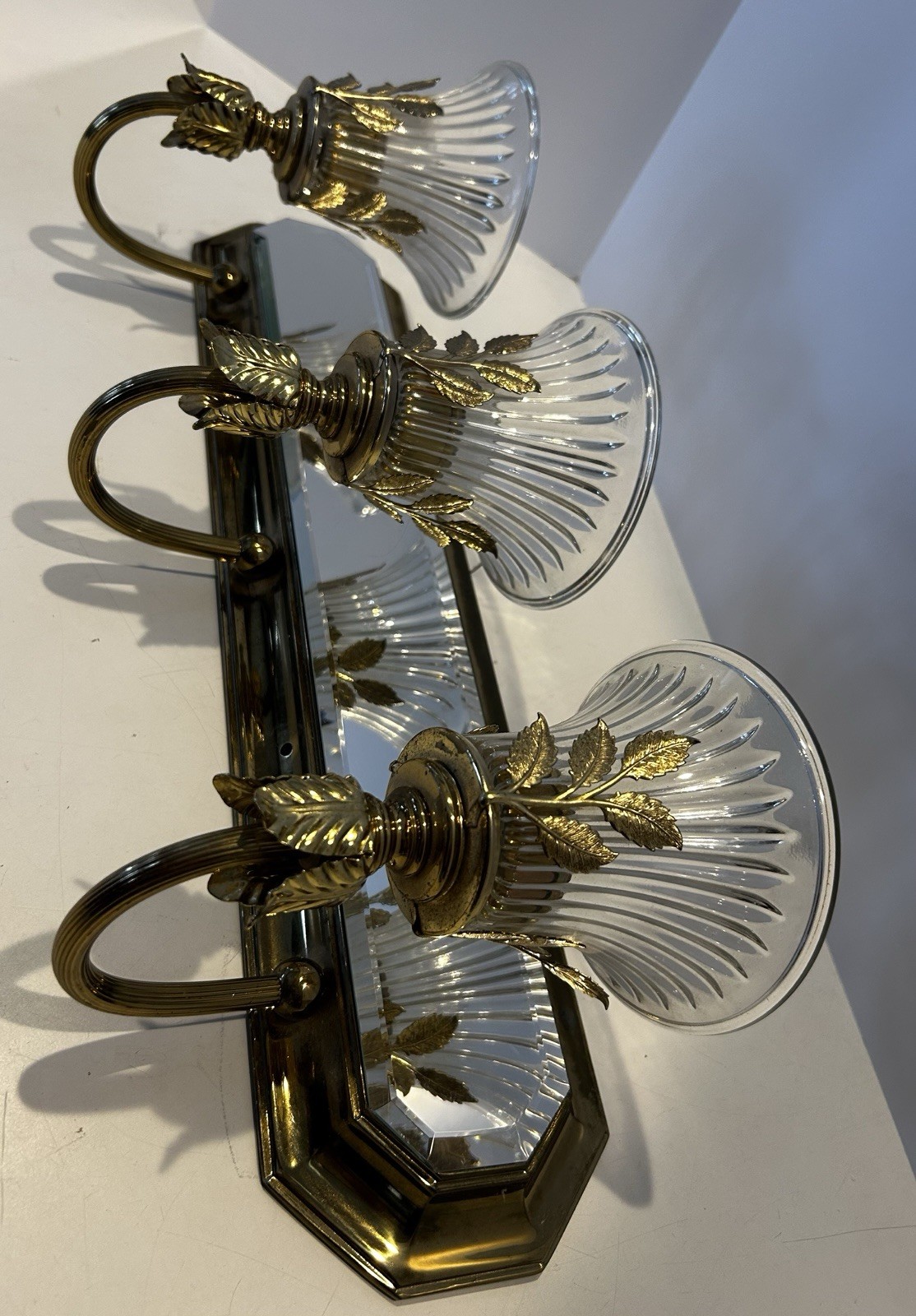 H A Framburg 3 Light Brass Mirrored Wall Sconce With Fluted Glass Shades Vtg MCM