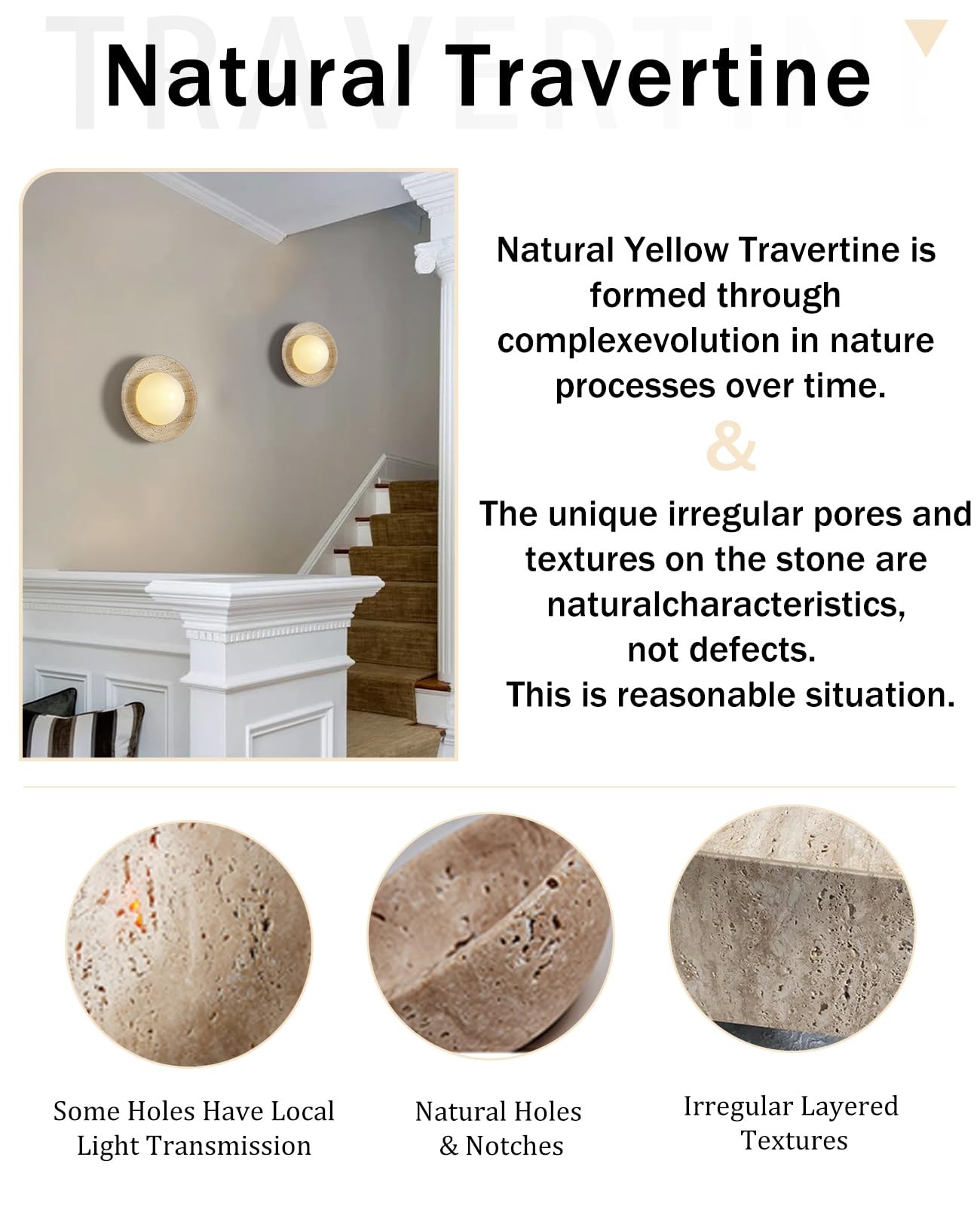 Yellow Travertine Wall Sconce 9.8″ Natural Retro Stone Wall Sconces with Roun…